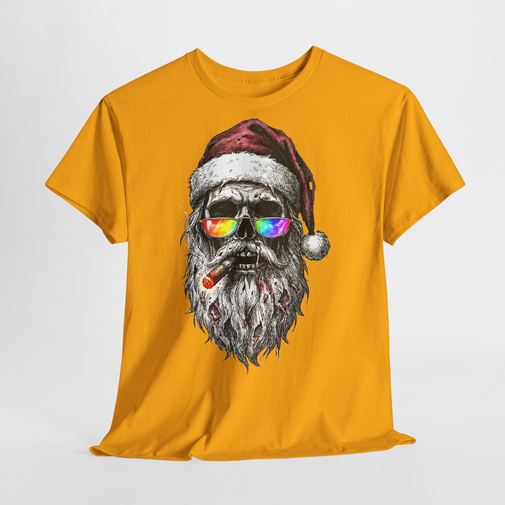 Dark-Santa: Frontprint, Unisex T-Shirt, Skull Graphic Tee Cool Santa with Rainbow Shades & Cigar, Holiday Christmas Shirt
