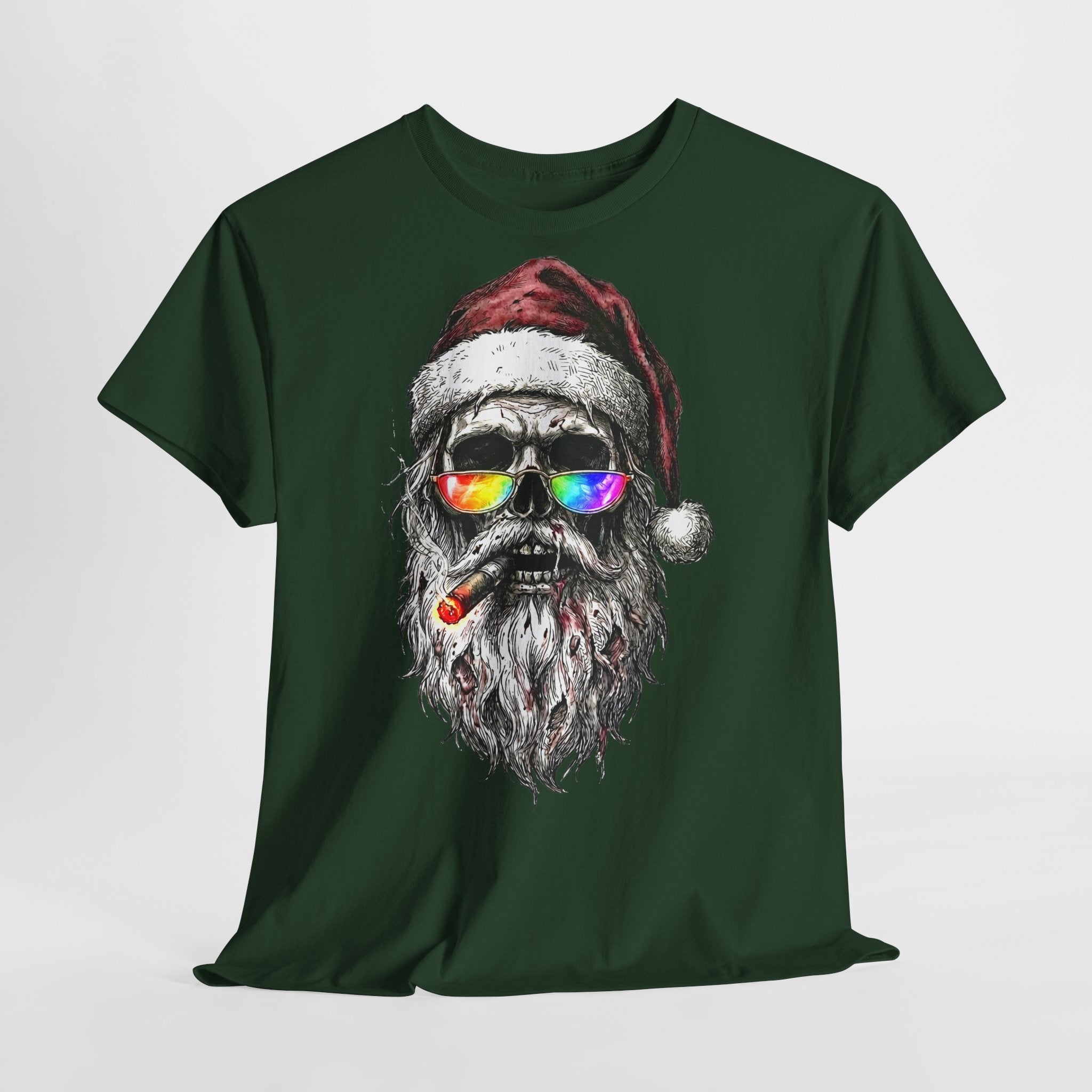 Dark-Santa: Frontprint, Unisex T-Shirt, Skull Graphic Tee Cool Santa with Rainbow Shades & Cigar, Holiday Christmas Shirt