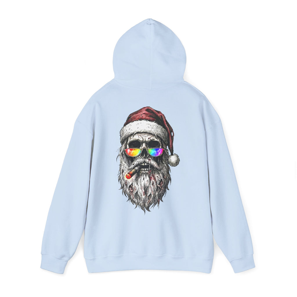 Dark-Santa: Backprint, Unisex Hoodie, Skull Cool Santa with Rainbow Sunglasses Christmas Sweatshirt