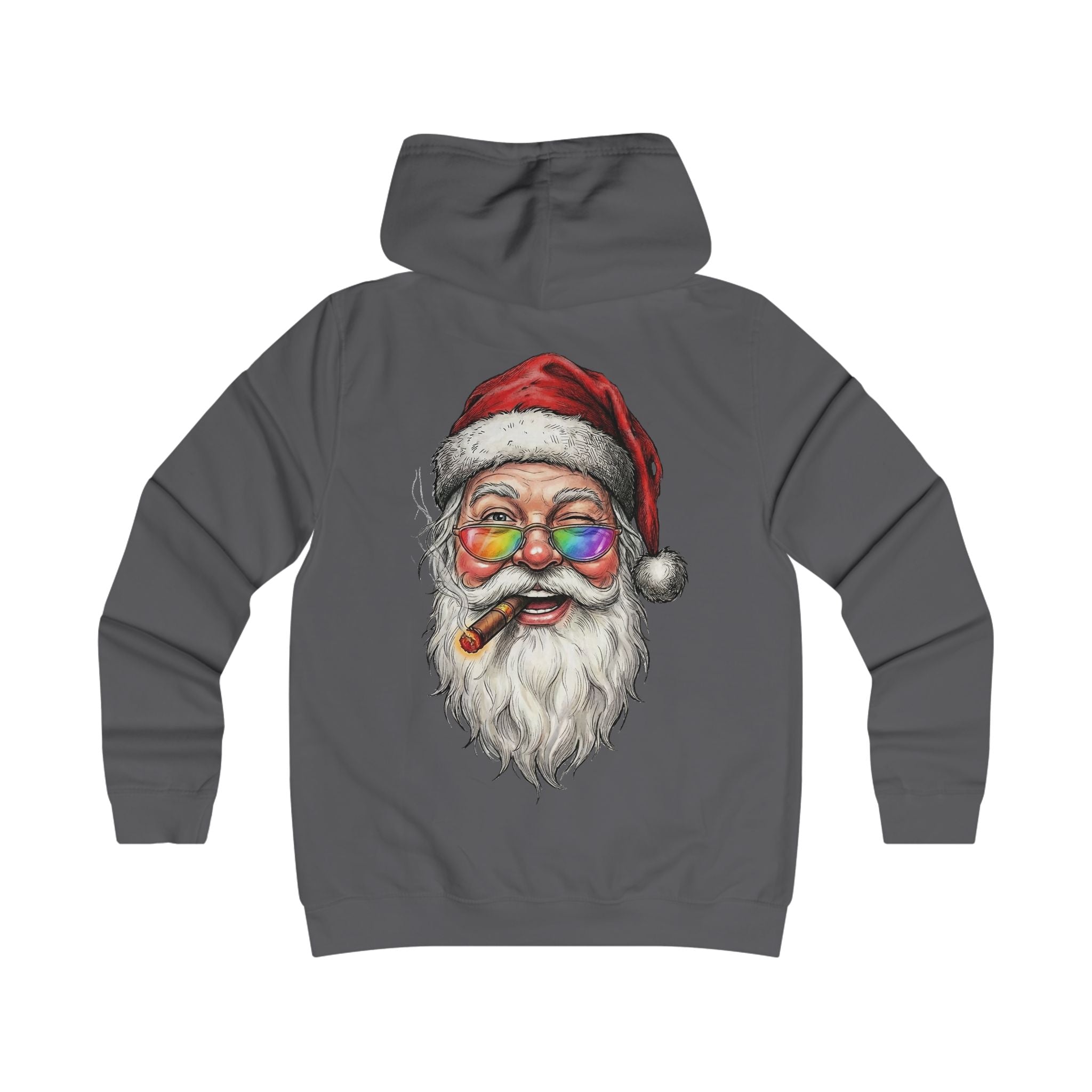 Friendly-Santa: Backprint, Womens' Hoodie, Smoking Cigar Hoodie — Colorful Retro Christmas Sweatshirt