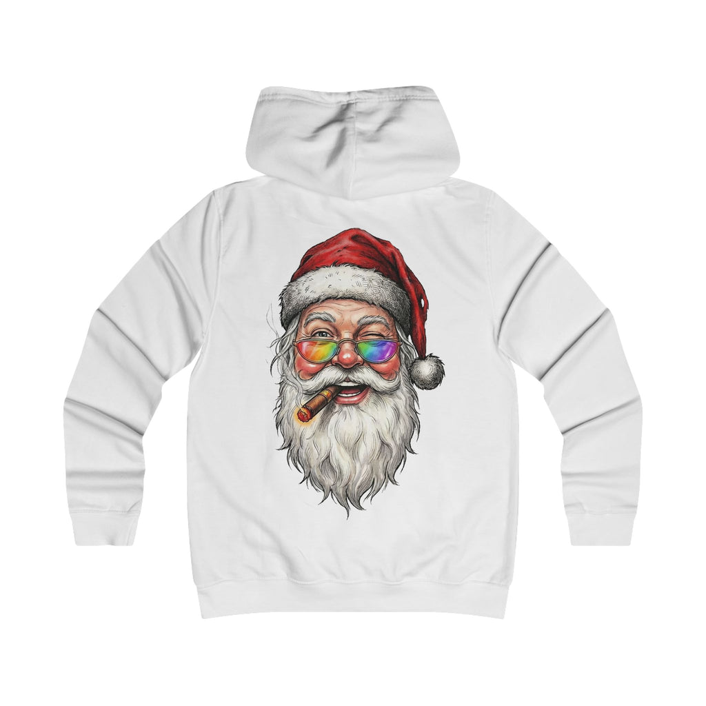 Friendly-Santa: Backprint, Womens' Hoodie, Smoking Cigar Hoodie — Colorful Retro Christmas Sweatshirt