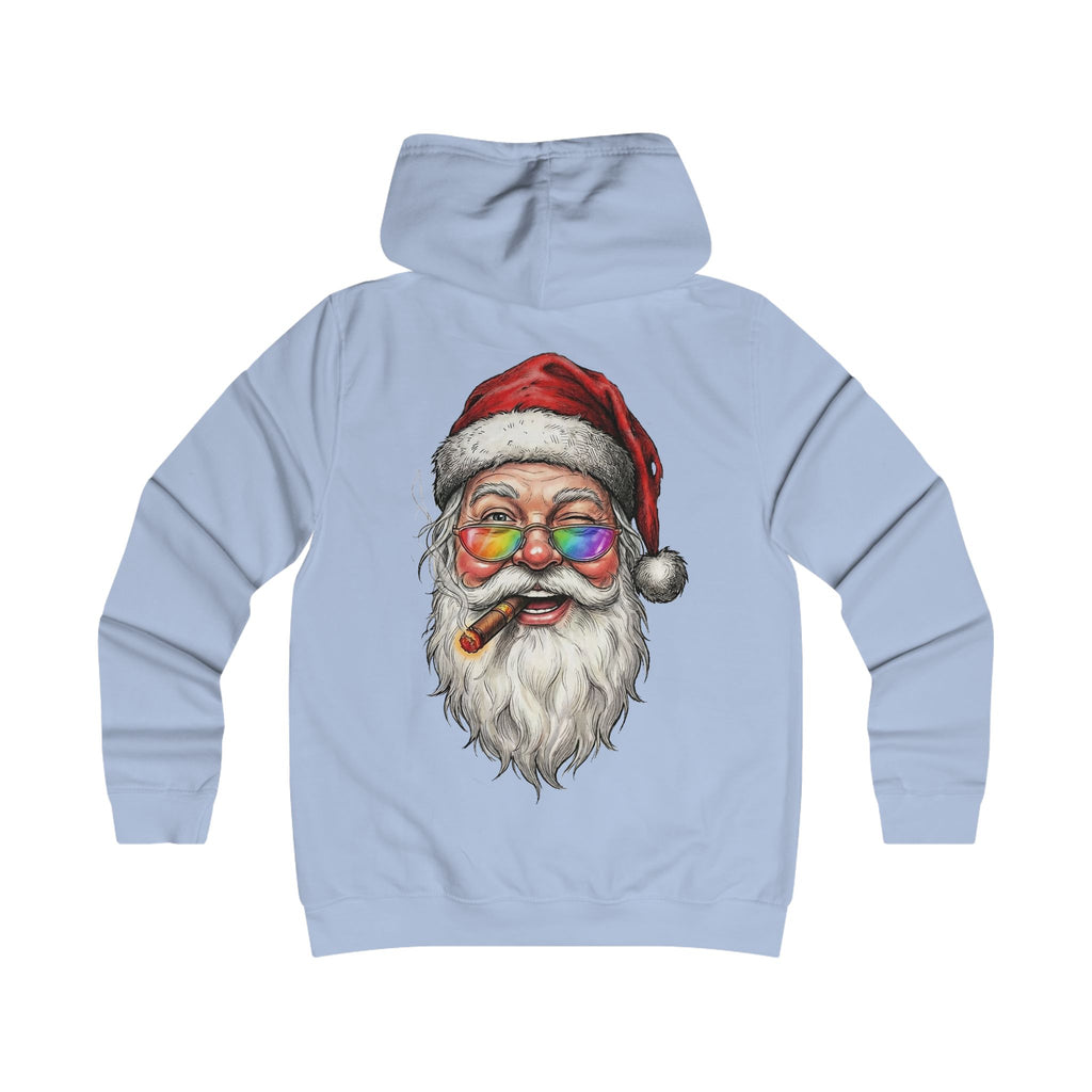 Friendly-Santa: Backprint, Womens' Hoodie, Smoking Cigar Hoodie — Colorful Retro Christmas Sweatshirt
