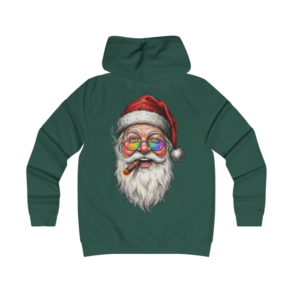 Friendly-Santa: Backprint, Womens' Hoodie, Smoking Cigar Hoodie — Colorful Retro Christmas Sweatshirt