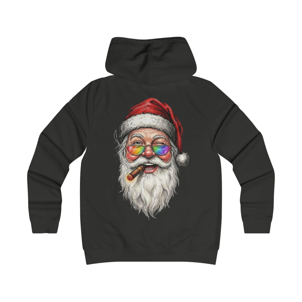 Friendly-Santa: Backprint, Womens' Hoodie, Smoking Cigar Hoodie — Colorful Retro Christmas Sweatshirt