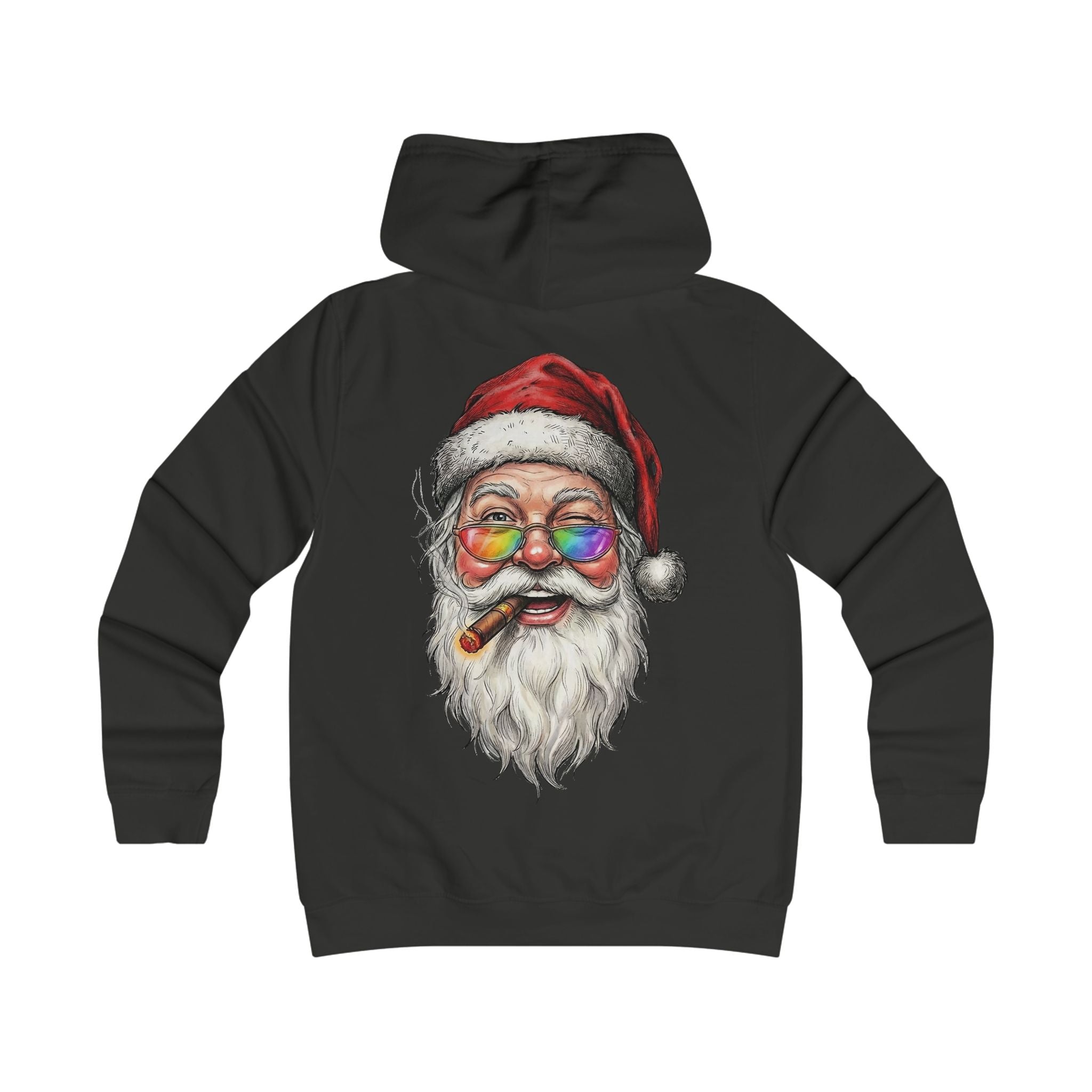 Friendly-Santa: Backprint, Womens' Hoodie, Smoking Cigar Hoodie — Colorful Retro Christmas Sweatshirt