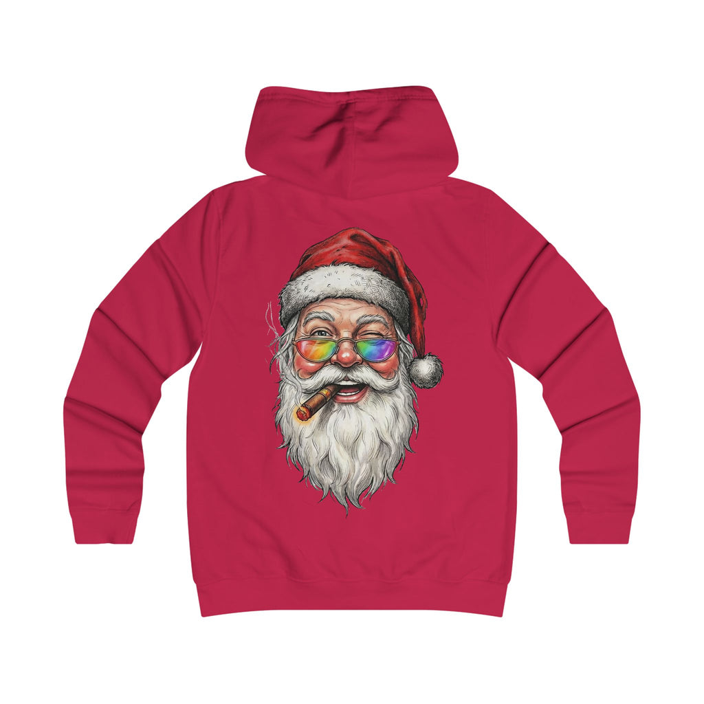 Friendly-Santa: Backprint, Womens' Hoodie, Smoking Cigar Hoodie — Colorful Retro Christmas Sweatshirt