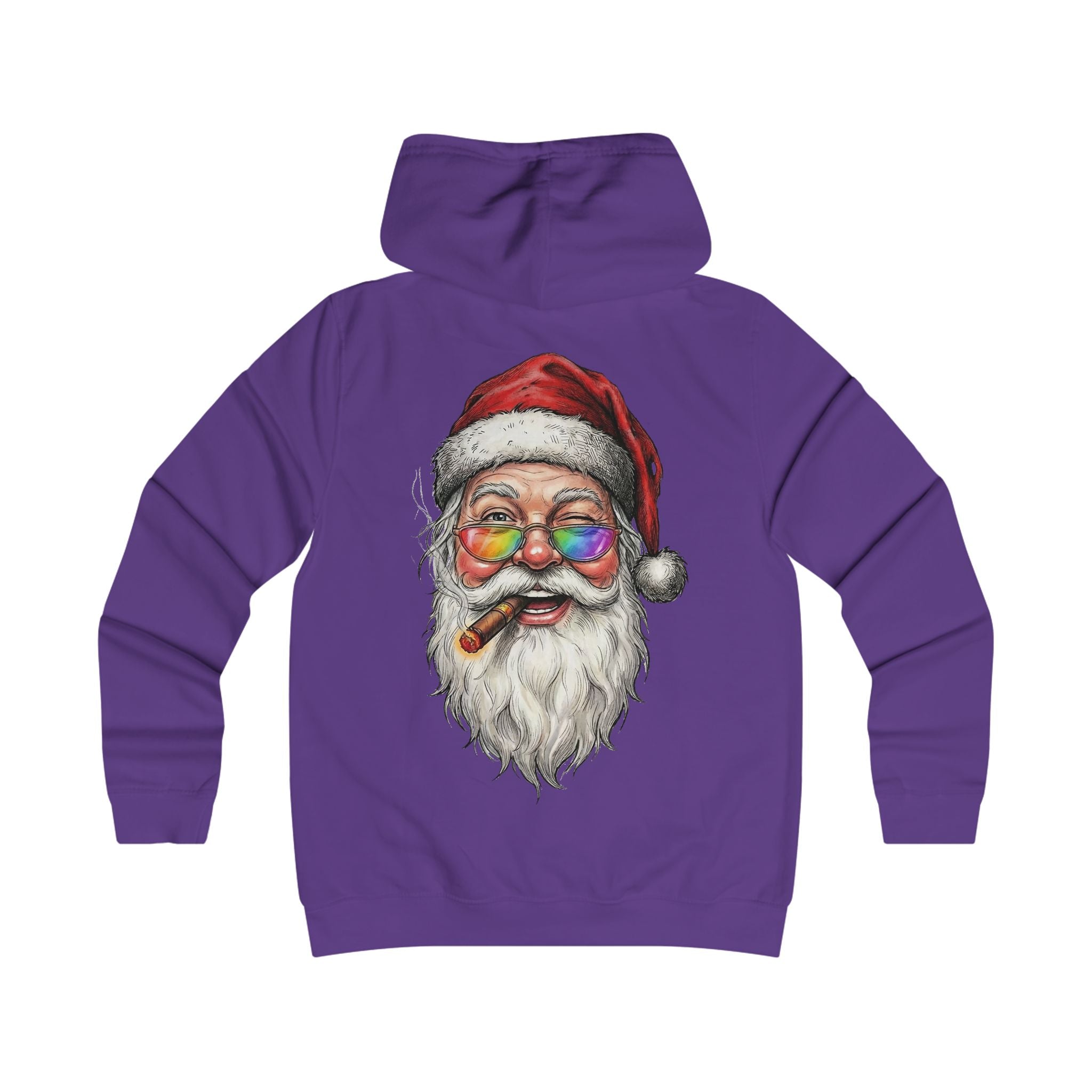 Friendly-Santa: Backprint, Womens' Hoodie, Smoking Cigar Hoodie — Colorful Retro Christmas Sweatshirt