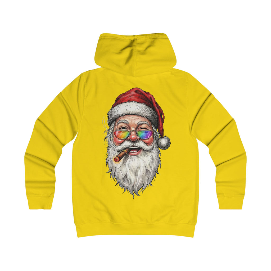 Friendly-Santa: Backprint, Womens' Hoodie, Smoking Cigar Hoodie — Colorful Retro Christmas Sweatshirt
