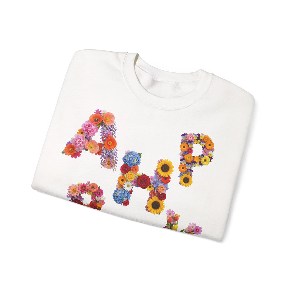 HAPPY, Frontprint, Unisex Sweatshirt. Floral Letter Print (Spring Floral Crew)