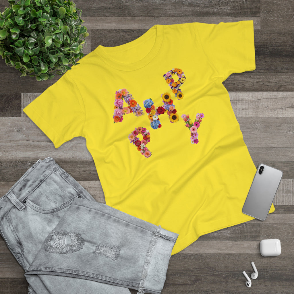 HAPPY, Frontprint, Womens' T-Shirt,  Floral Colorful Flower Lettering Tee