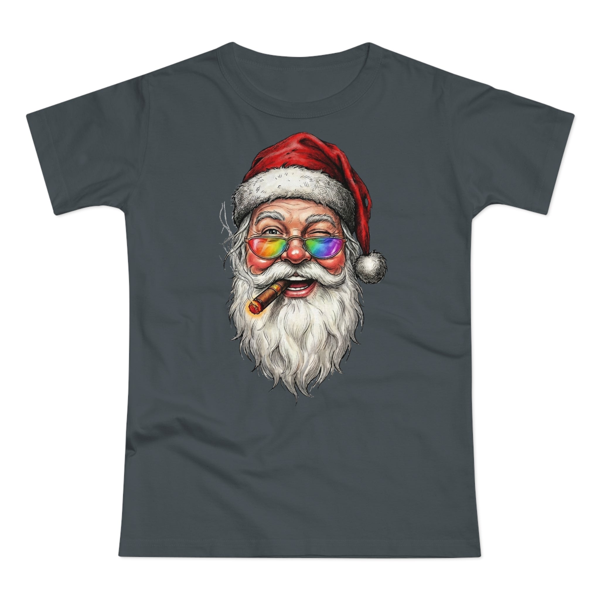 Friendly-Santa: Frontprint, Womens' T-Shirt, Colorful Glasses & Cigar Christmas Tee