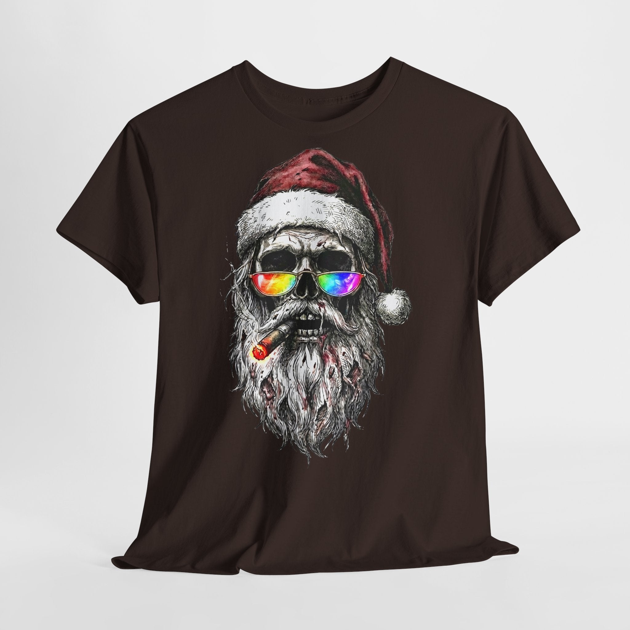 Dark-Santa: Frontprint, Unisex T-Shirt, Skull Graphic Tee Cool Santa with Rainbow Shades & Cigar, Holiday Christmas Shirt