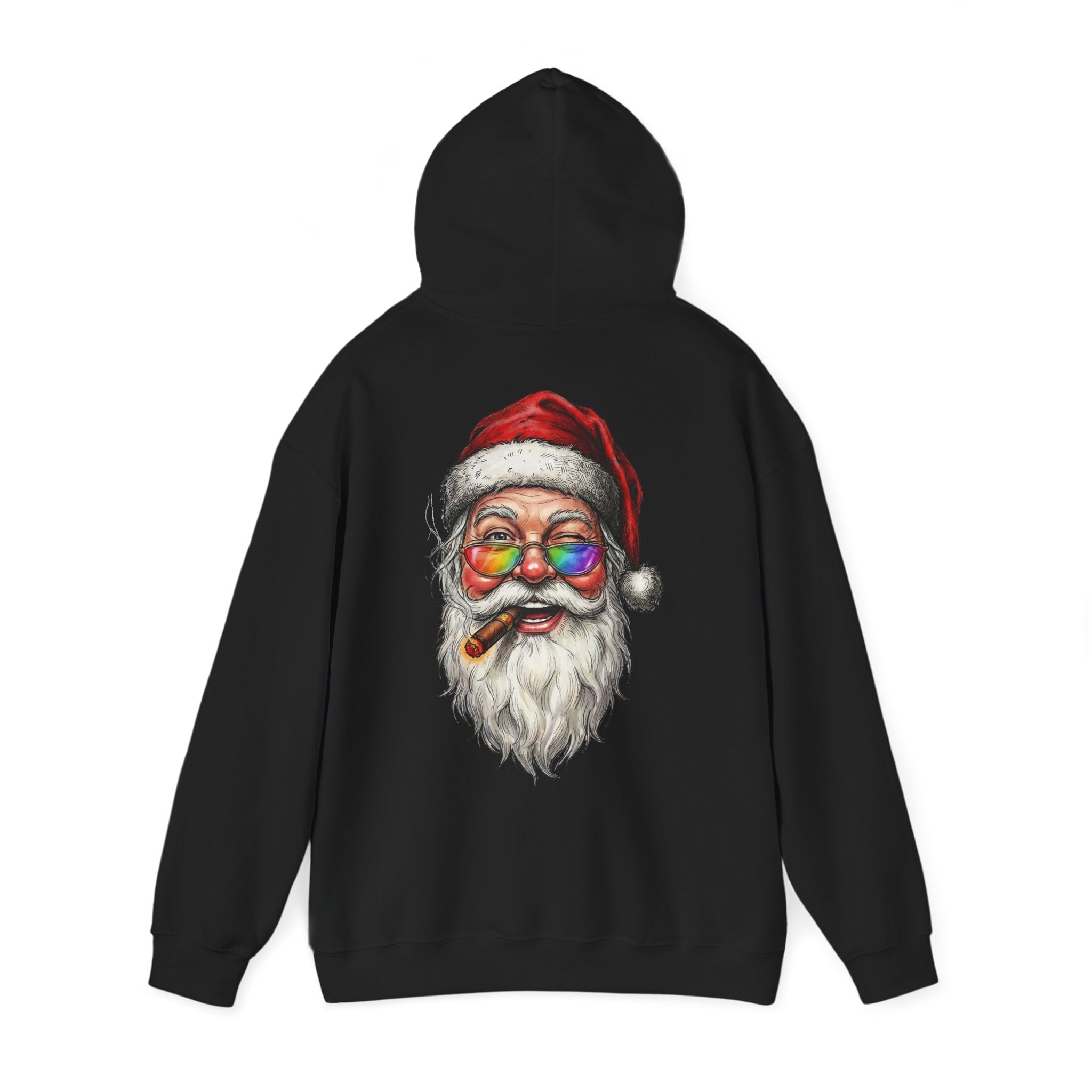 Friendly-Santa: Backprint, Unisex Hoodie, Rainbow Glasses Hoodie – Colorful Retro Christmas Sweatshirt