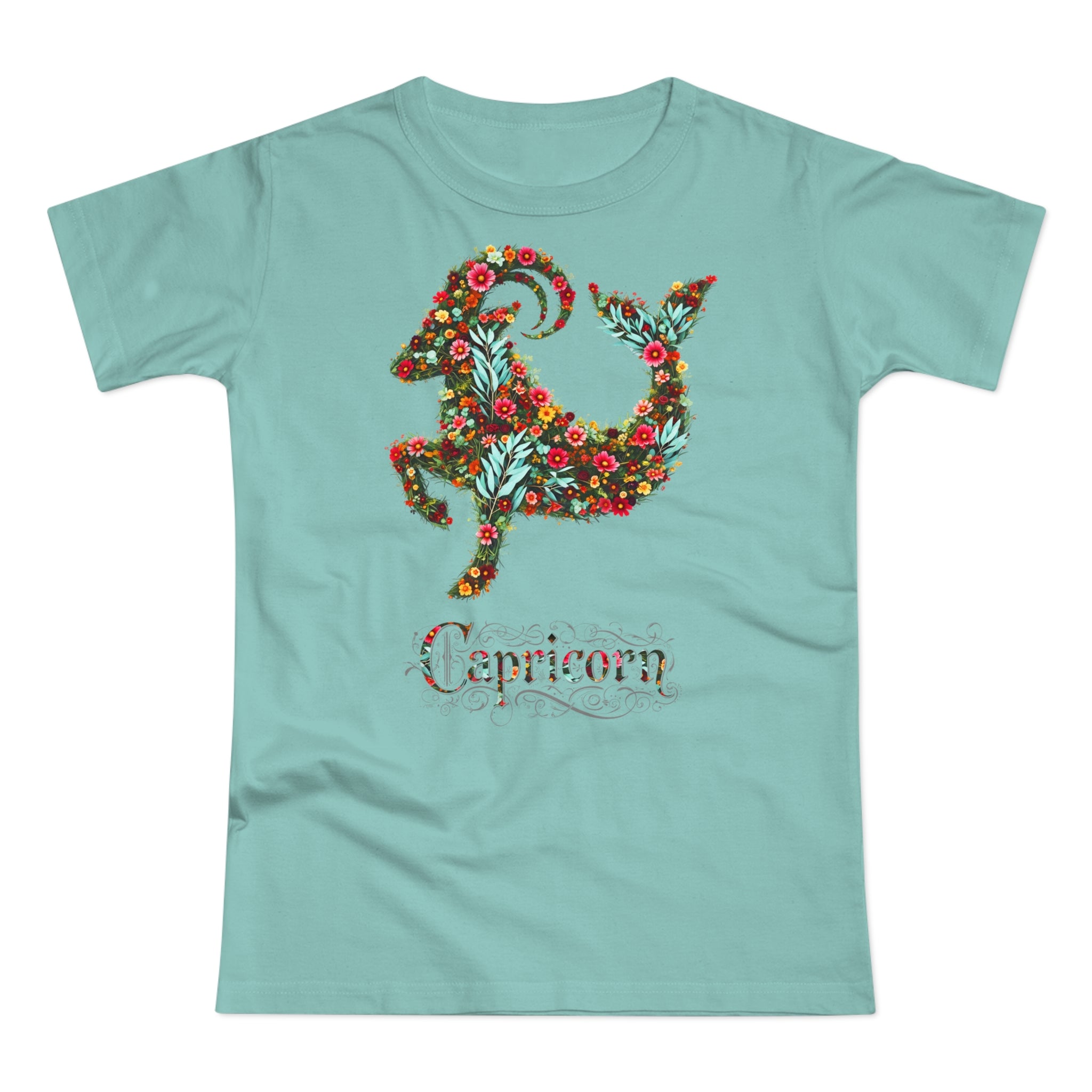 Steinbock: Frontprint, Womens' T-Shirt, florales Sternzeichen, Zodiac Astrologie (Capricorn)