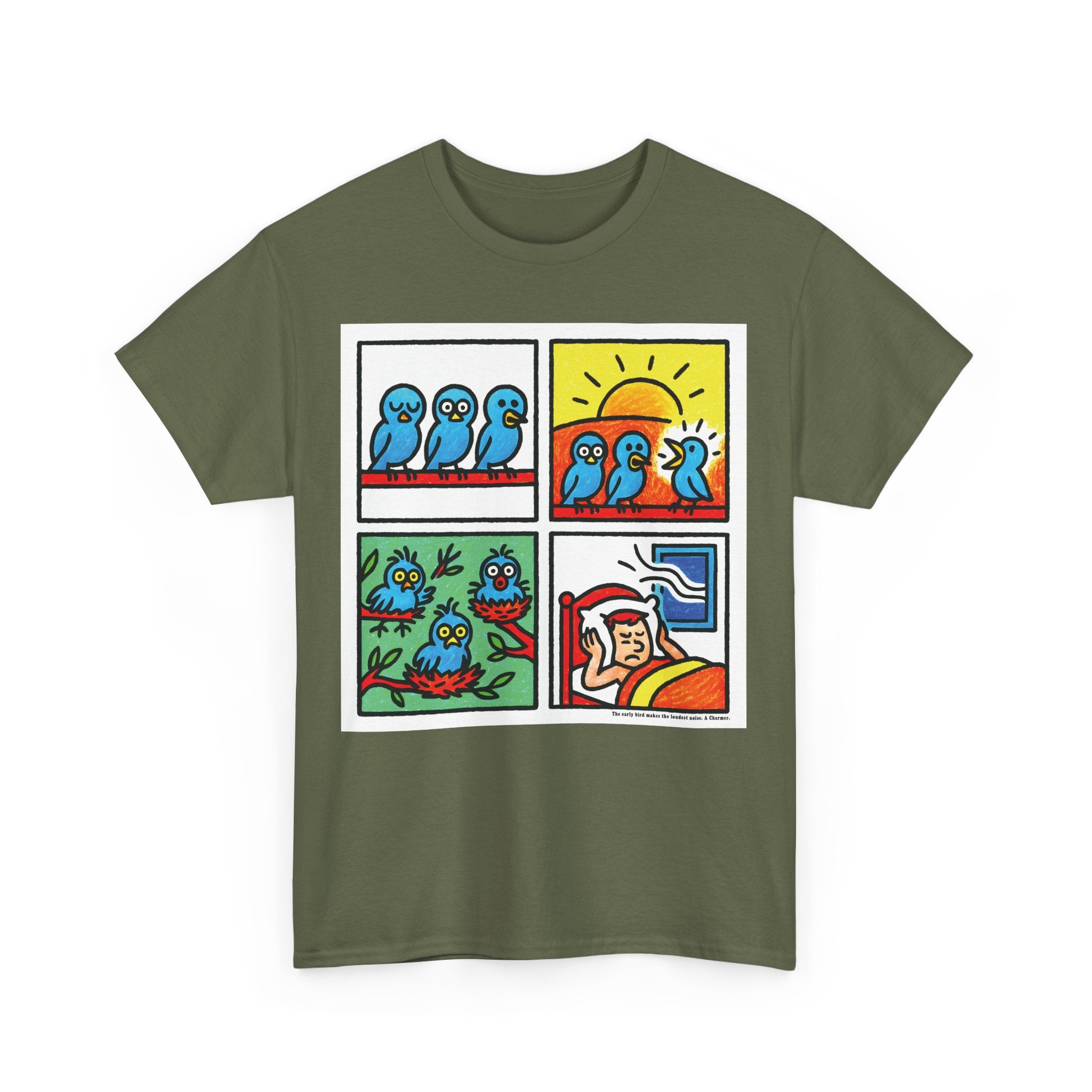 Proverb - Early bird makes loudest noise, Colorful Quirky Bird Tee - Fun Graphic Shirt for Nature Lovers, Perfect Gift for Birdwatchers, Casual Wear, Birthday, Summer