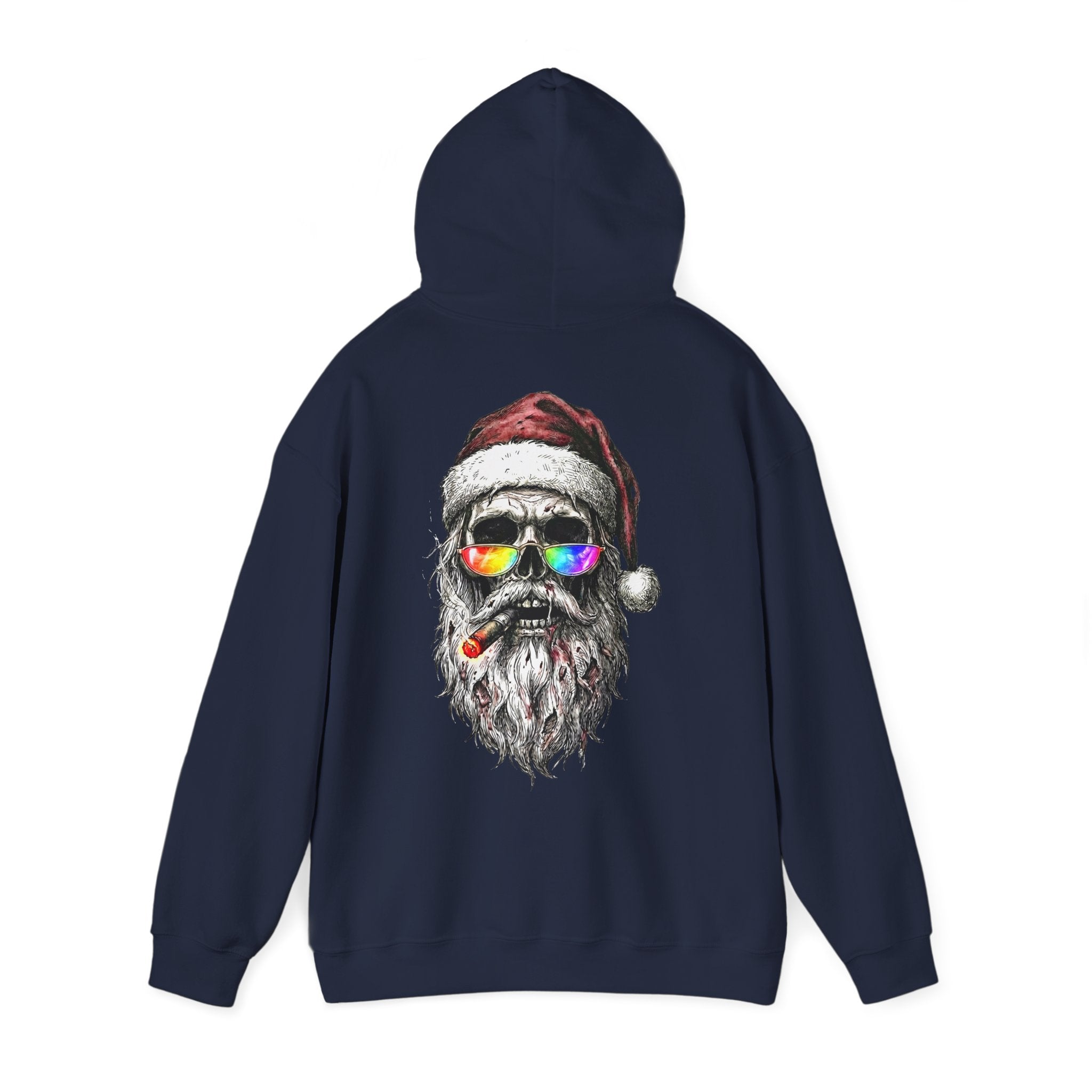 Dark-Santa: Backprint, Unisex Hoodie, Skull Cool Santa with Rainbow Sunglasses Christmas Sweatshirt