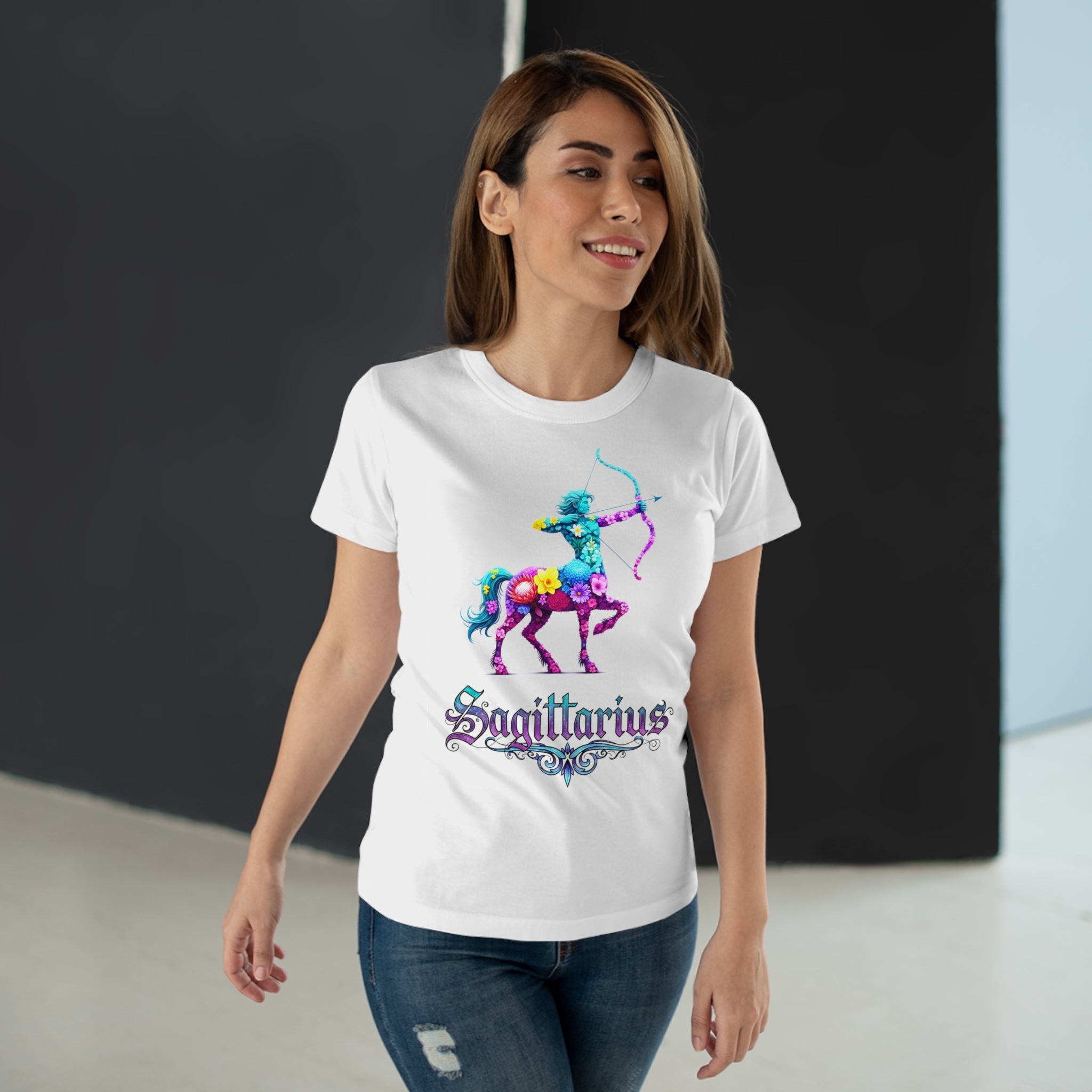 Schütze: Frontprint, Womens' T-Shirt, florales Sternzeichen, Zodiac Astrologie (Sagittarius)