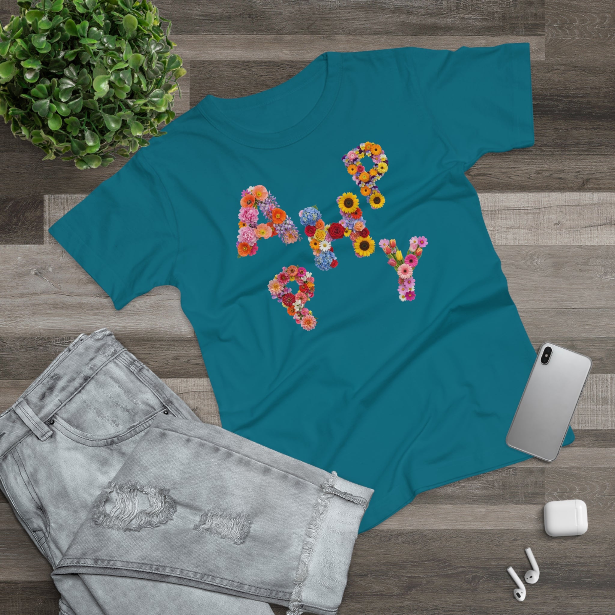HAPPY, Frontprint, Womens' T-Shirt,  Floral Colorful Flower Lettering Tee