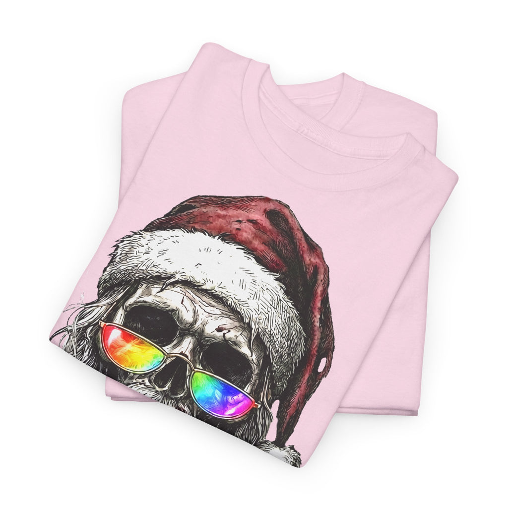 Dark-Santa: Frontprint, Unisex T-Shirt, Skull Graphic Tee Cool Santa with Rainbow Shades & Cigar, Holiday Christmas Shirt