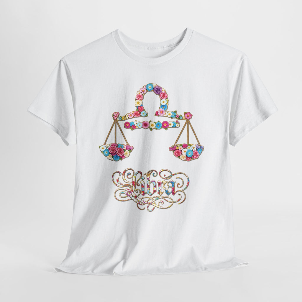 Libra Floral Zodiac Tee - Unisex Heavy Cotton Shirt, Astrology Gift, Horoscope T-Shirt, Birthday Present, Libra Season Apparel