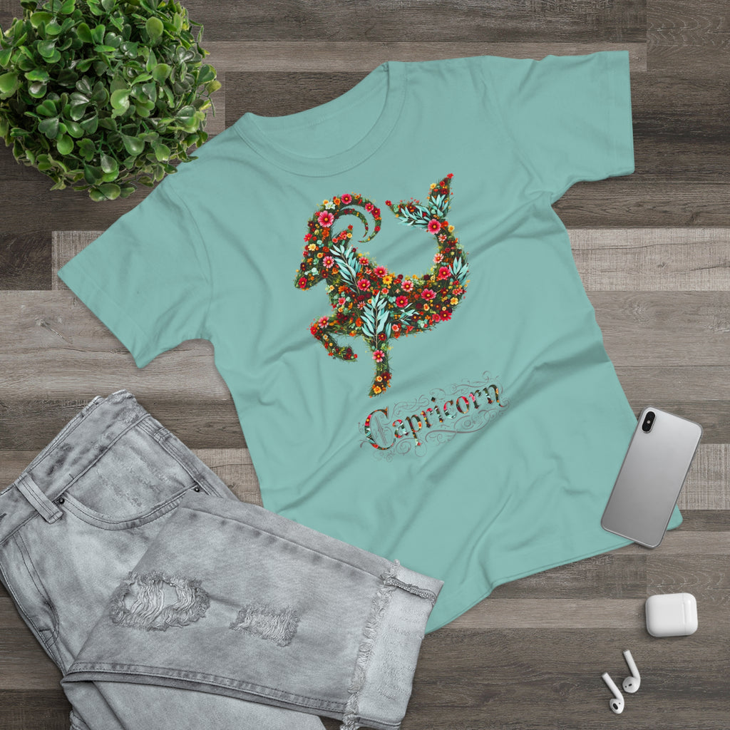 Steinbock: Frontprint, Womens' T-Shirt, florales Sternzeichen, Zodiac Astrologie (Capricorn)