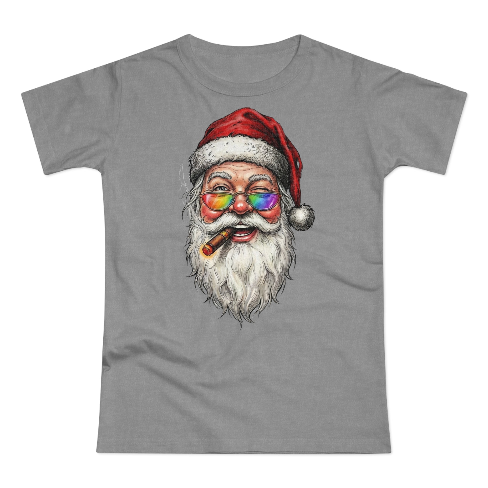 Friendly-Santa: Frontprint, Womens' T-Shirt, Colorful Glasses & Cigar Christmas Tee