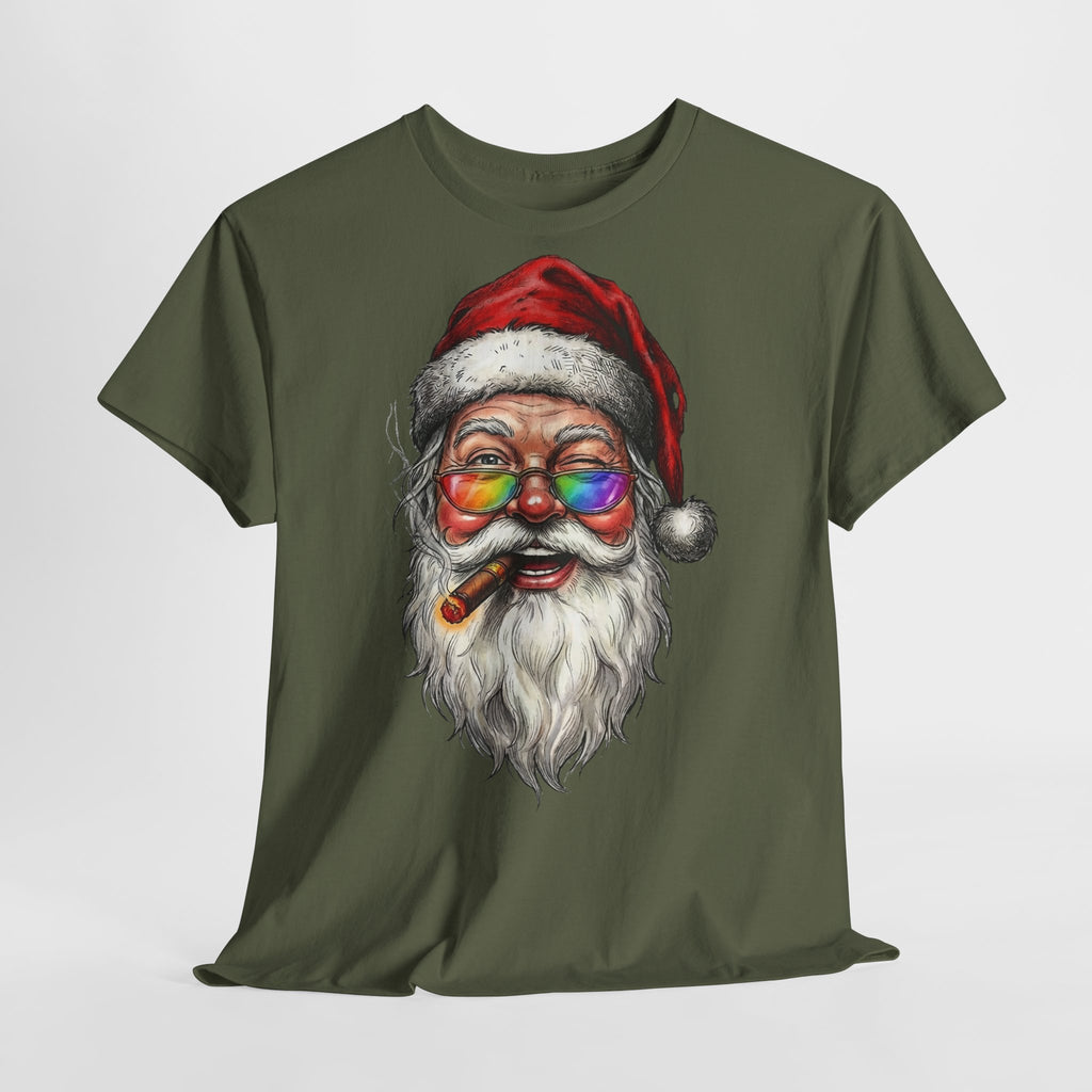 Friendly-Santa: Frontprint, Unisex T-Shirt, Colorful Retro Santa with Cigar Holiday Tee