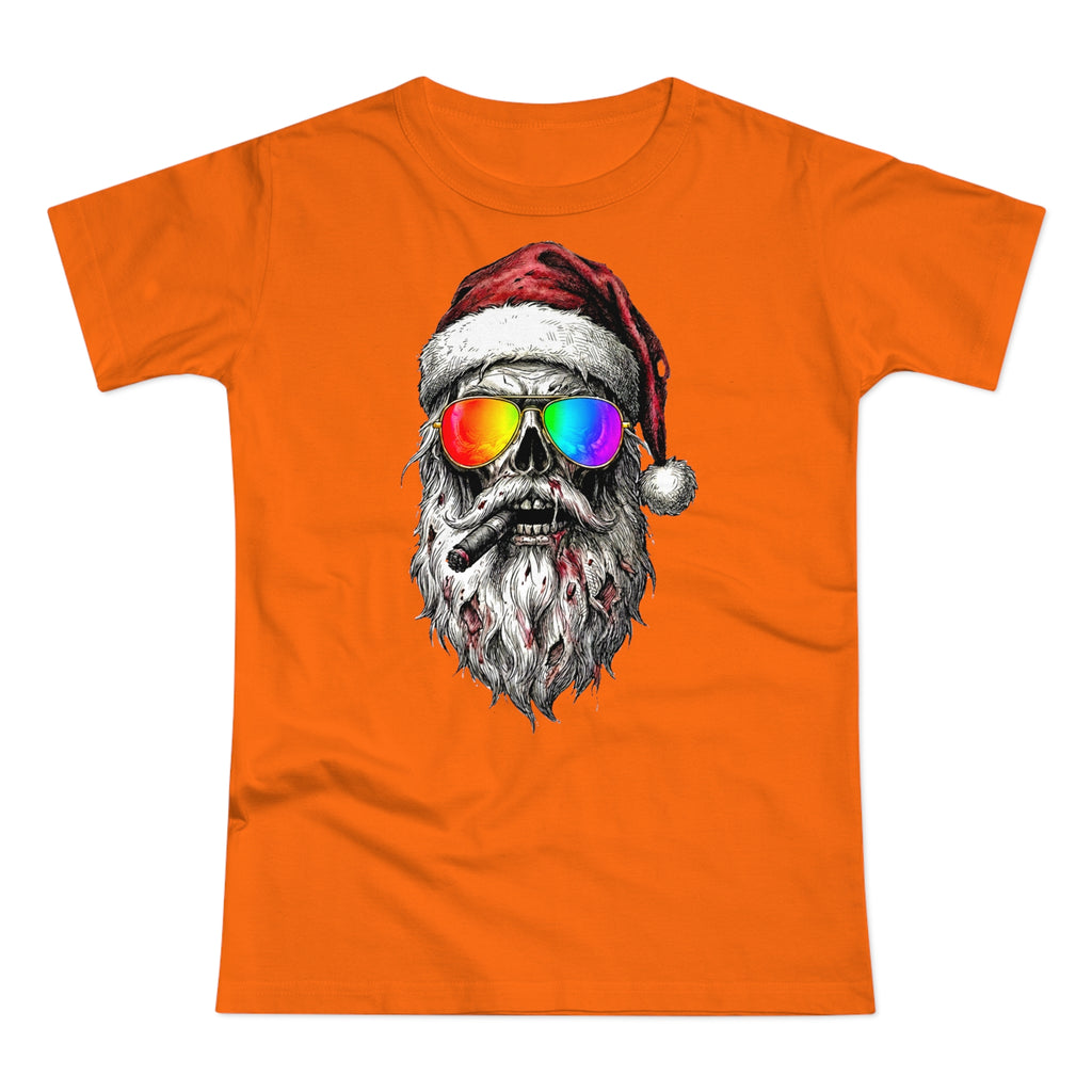 Pilot-Santa: Frontprint, Womens' T-Shirt, Skull T-Shirt — Cool Christmas Skull Tee with Rainbow Sunglasses