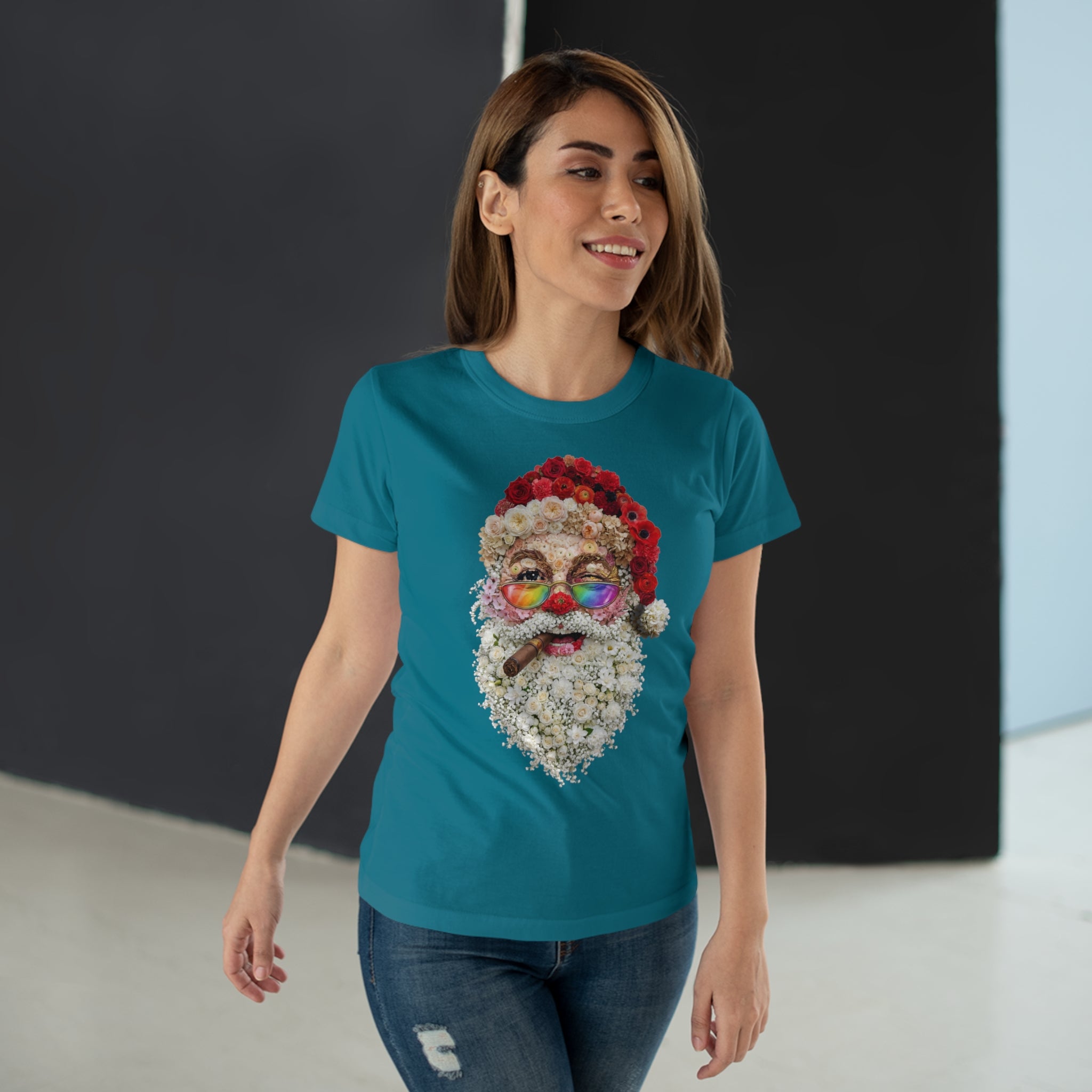 Blumen-Santa: Frontprint, Womens' T-Shirt, Rainbow Glasses & Cigar Holiday T-Shirt
