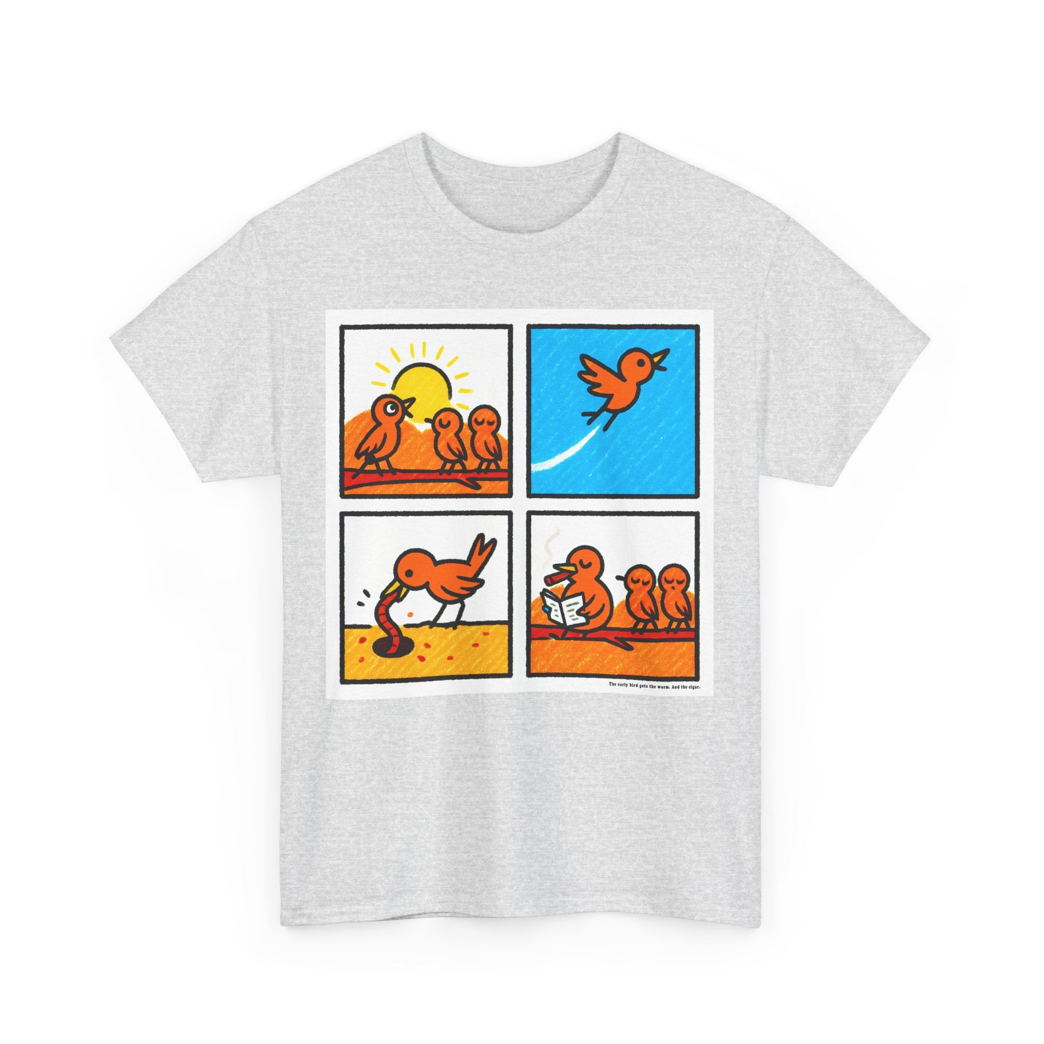 Proverb - Early bird GETS IT ALL, plus Cigar, Sunshine Birds Unisex Heavy Cotton Tee, Graphic Tee, Casual Wear, Gift for Bird Lovers, Funny T-Shirt, Nature Inspired Clothing