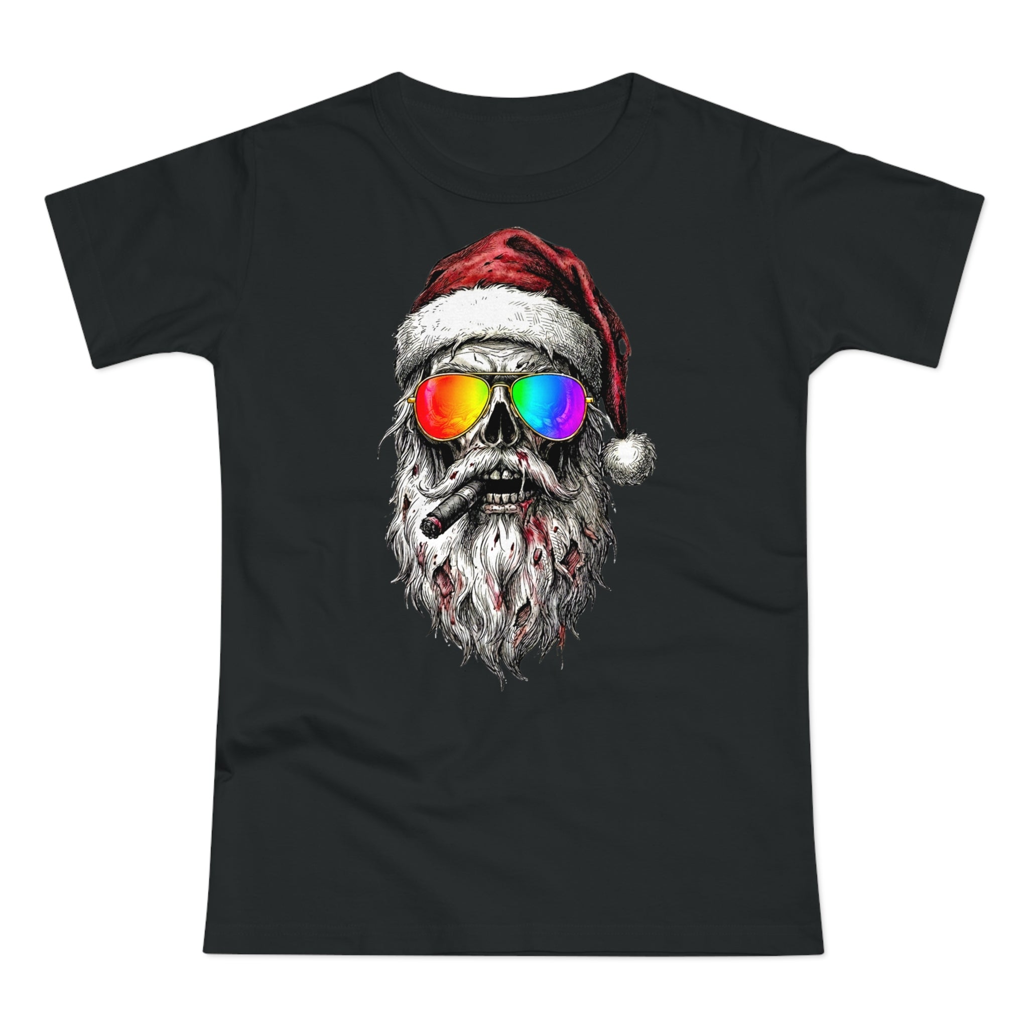 Pilot-Santa: Frontprint, Womens' T-Shirt, Skull T-Shirt — Cool Christmas Skull Tee with Rainbow Sunglasses