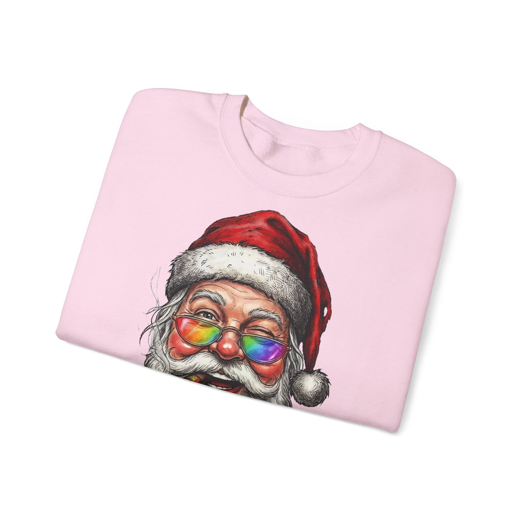 Friendly-Santa: Frontprint, Unisex Sweatshirt, Rainbow Glasses Crewneck Sweatshirt — Funny Christmas Holiday Sweater