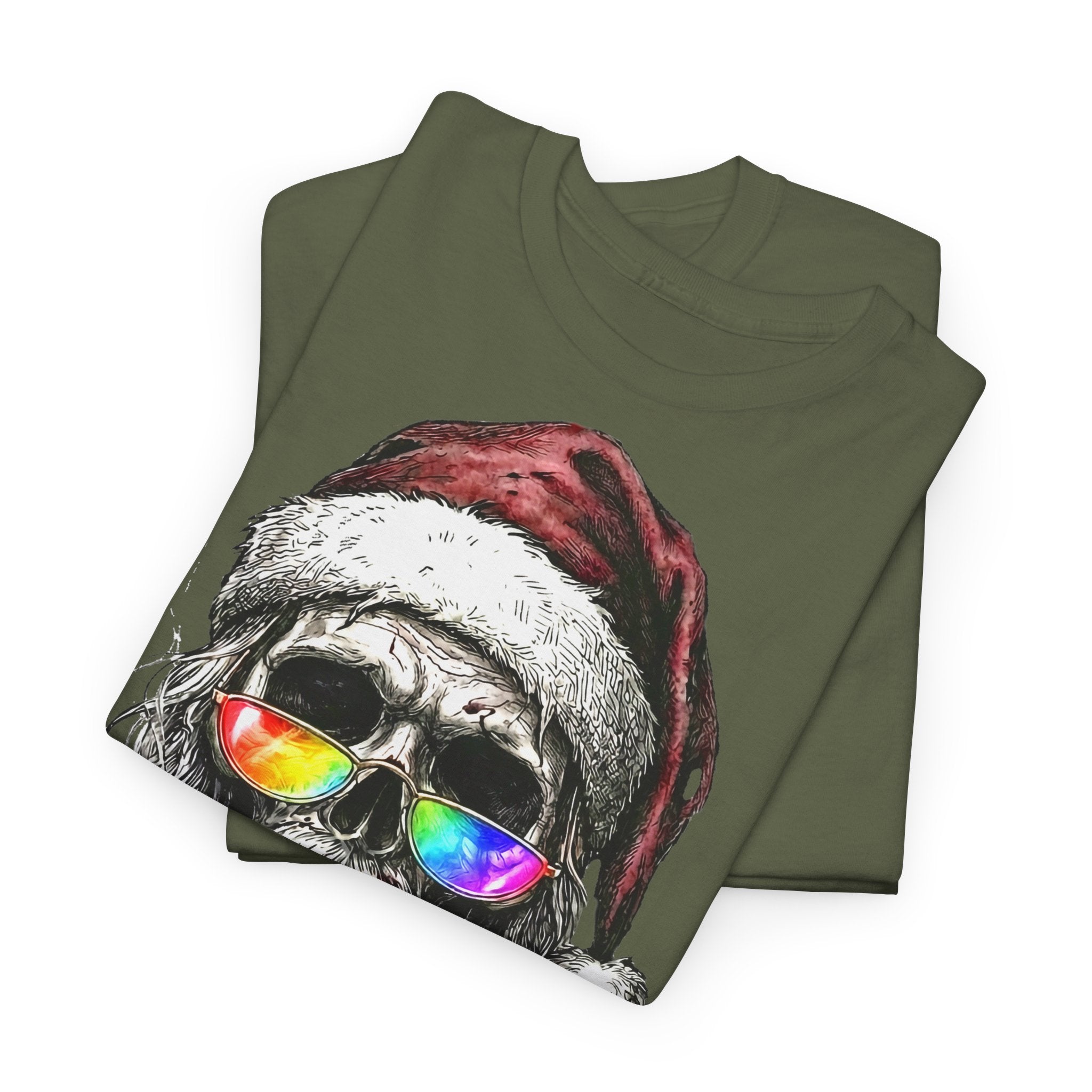 Dark-Santa: Frontprint, Unisex T-Shirt, Skull Graphic Tee Cool Santa with Rainbow Shades & Cigar, Holiday Christmas Shirt