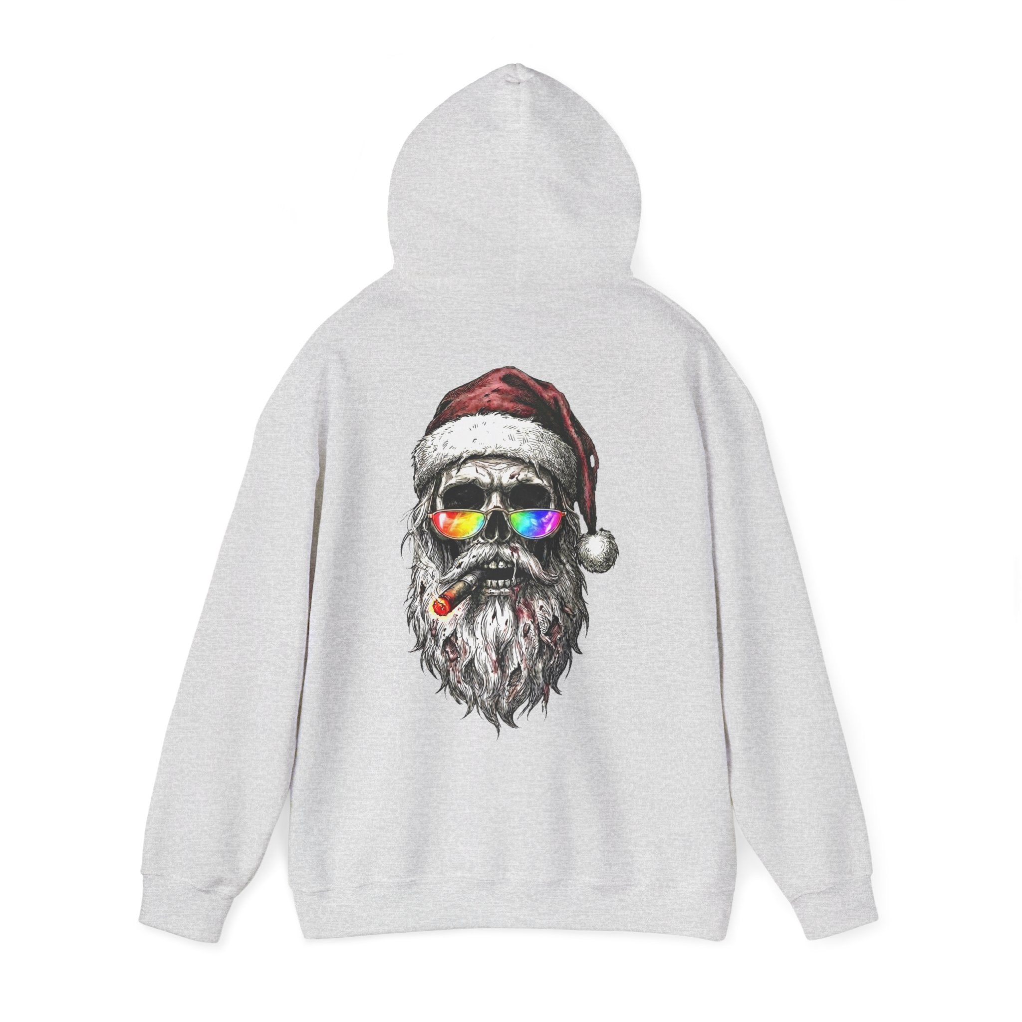 Dark-Santa: Backprint, Unisex Hoodie, Skull Cool Santa with Rainbow Sunglasses Christmas Sweatshirt