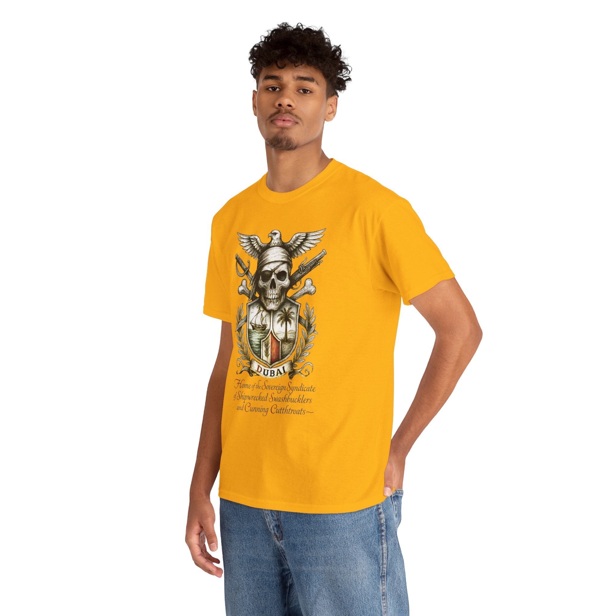 Grimwater Edition - Dubai, Skull & Crossbones Tee, Home of the Sovereign Syndicate of Swashbucklers Cutthroats
