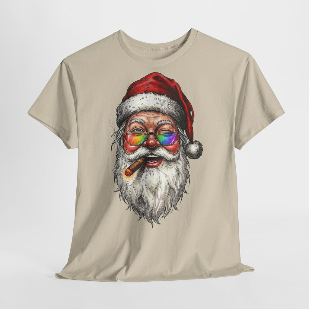 Friendly-Santa: Frontprint, Unisex T-Shirt, Colorful Retro Santa with Cigar Holiday Tee