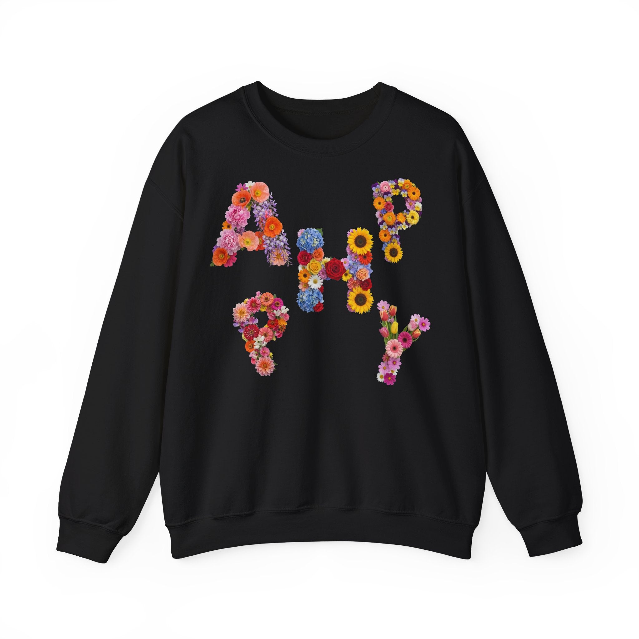 HAPPY, Frontprint, Unisex Sweatshirt. Floral Letter Print (Spring Floral Crew)