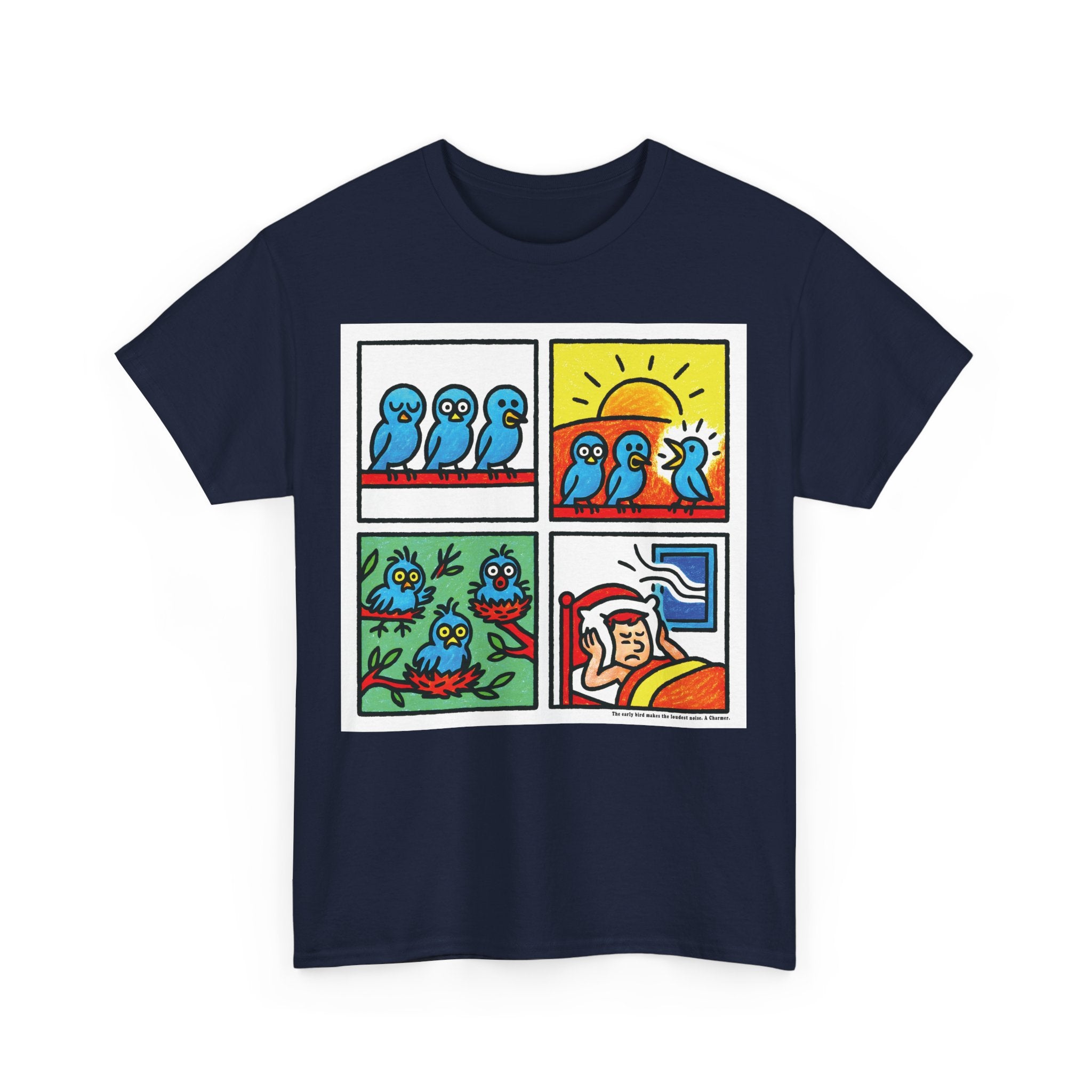 Proverb - Early bird makes loudest noise, Colorful Quirky Bird Tee - Fun Graphic Shirt for Nature Lovers, Perfect Gift for Birdwatchers, Casual Wear, Birthday, Summer