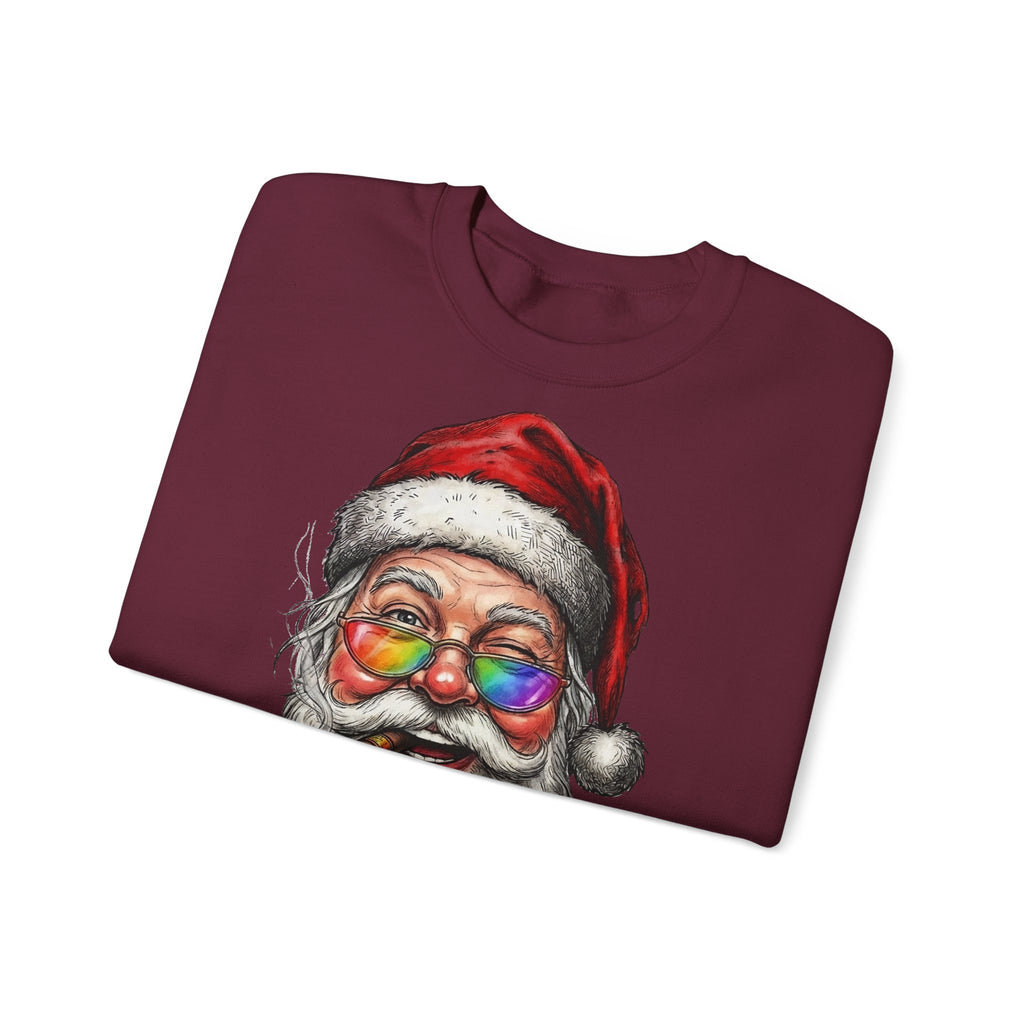 Friendly-Santa: Frontprint, Unisex Sweatshirt, Rainbow Glasses Crewneck Sweatshirt — Funny Christmas Holiday Sweater