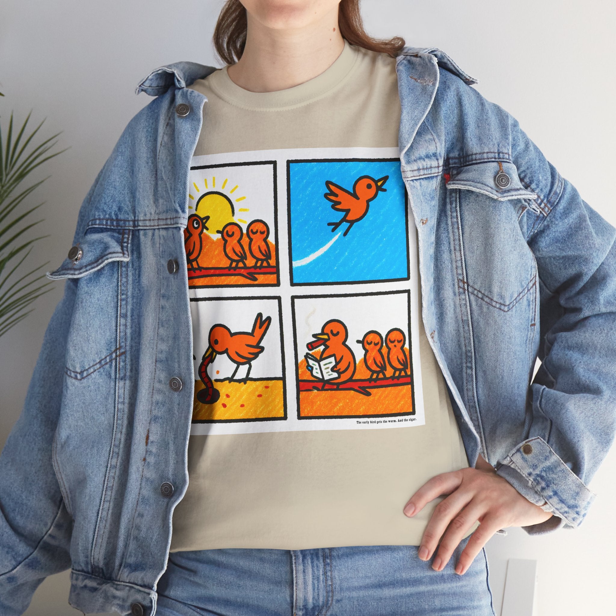 Proverb - Early bird GETS IT ALL, plus Cigar, Sunshine Birds Unisex Heavy Cotton Tee, Graphic Tee, Casual Wear, Gift for Bird Lovers, Funny T-Shirt, Nature Inspired Clothing