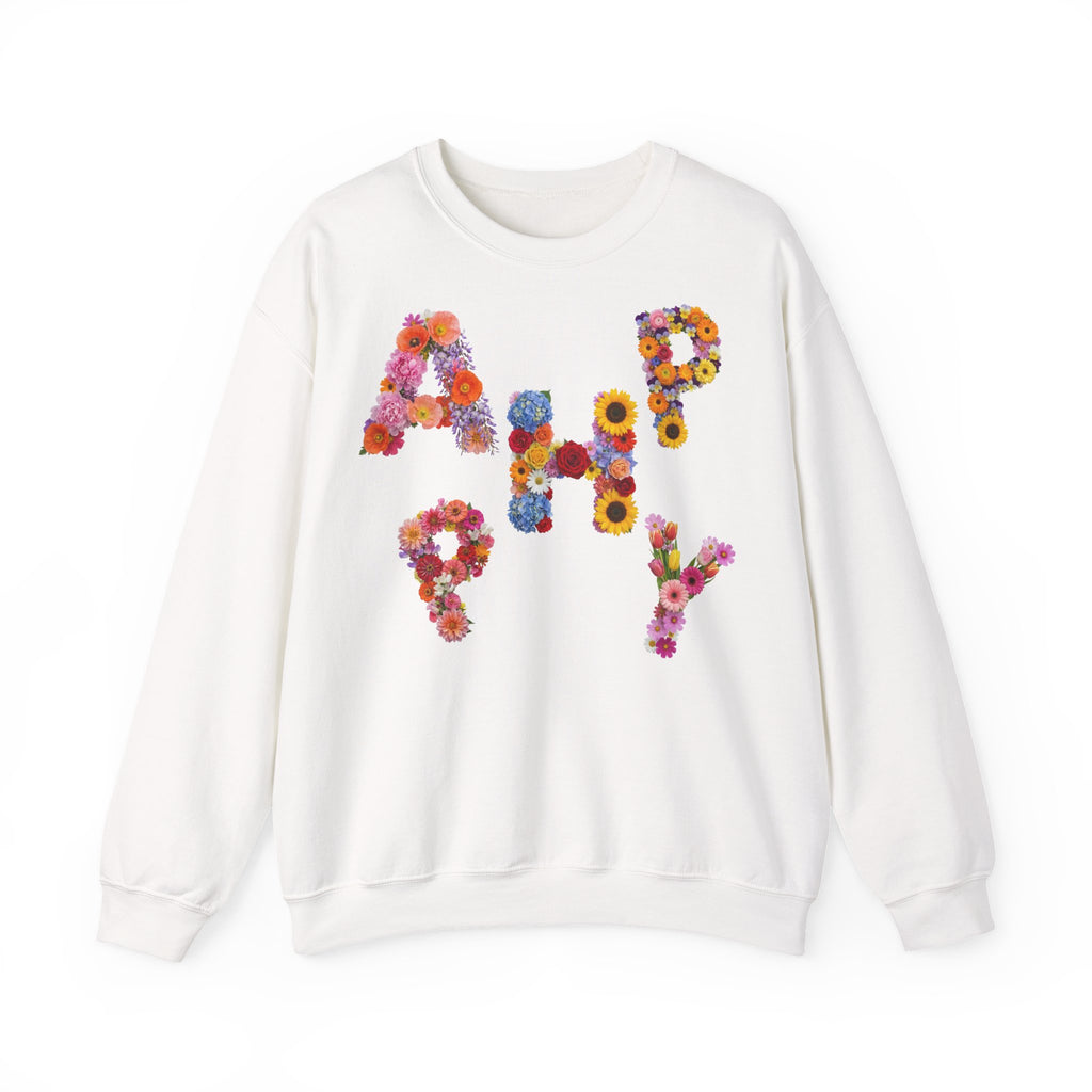 HAPPY, Frontprint, Unisex Sweatshirt. Floral Letter Print (Spring Floral Crew)