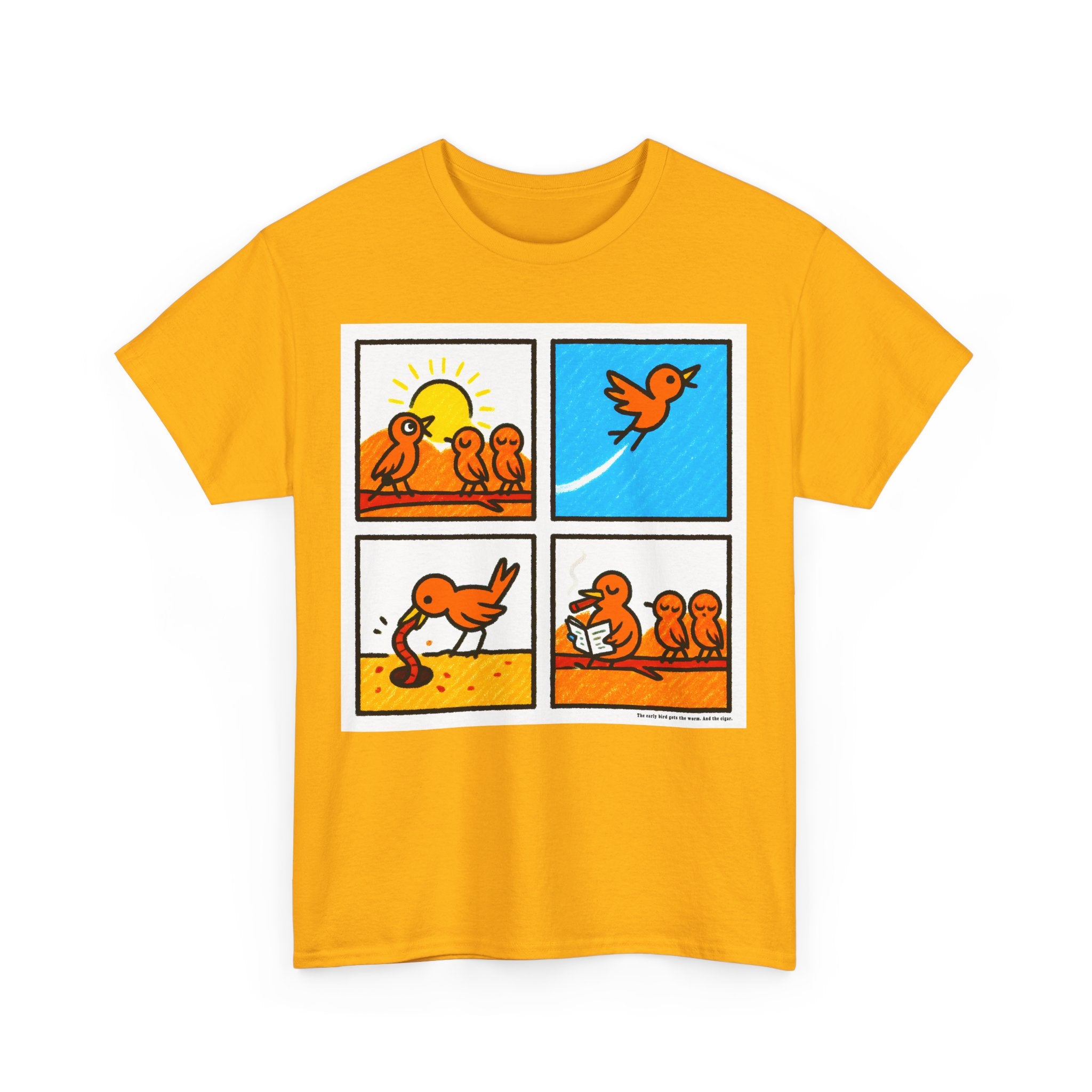 Proverb - Early bird GETS IT ALL, plus Cigar, Sunshine Birds Unisex Heavy Cotton Tee, Graphic Tee, Casual Wear, Gift for Bird Lovers, Funny T-Shirt, Nature Inspired Clothing