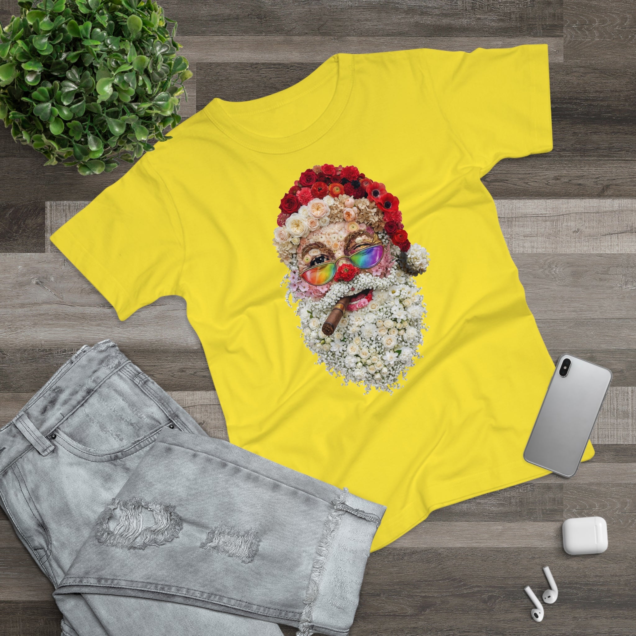 Blumen-Santa: Frontprint, Womens' T-Shirt, Rainbow Glasses & Cigar Holiday T-Shirt
