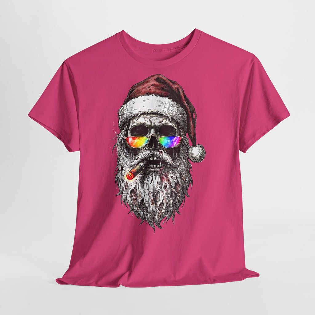Dark-Santa: Frontprint, Unisex T-Shirt, Skull Graphic Tee Cool Santa with Rainbow Shades & Cigar, Holiday Christmas Shirt