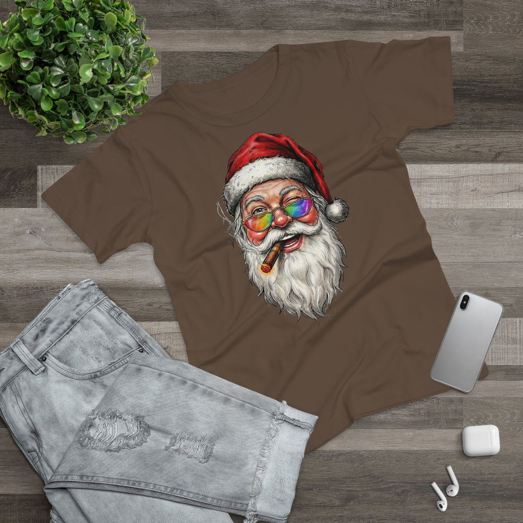 Friendly-Santa: Frontprint, Womens' T-Shirt, Colorful Glasses & Cigar Christmas Tee