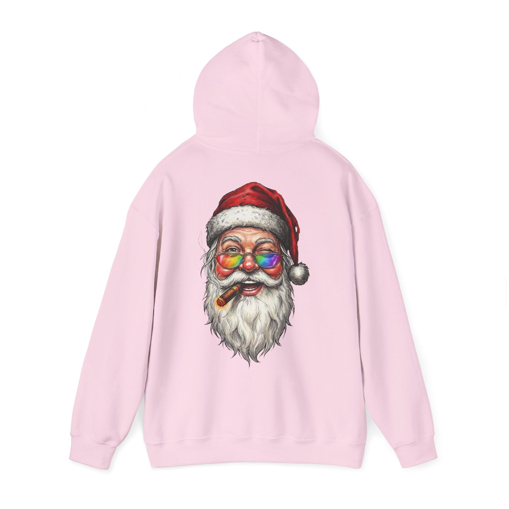 Friendly-Santa: Backprint, Unisex Hoodie, Rainbow Glasses Hoodie – Colorful Retro Christmas Sweatshirt