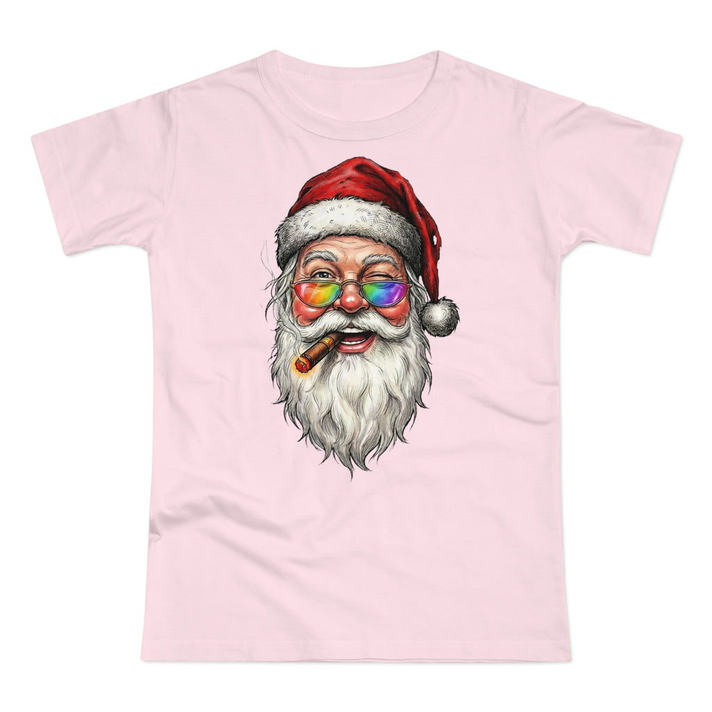 Friendly-Santa: Frontprint, Womens' T-Shirt, Colorful Glasses & Cigar Christmas Tee
