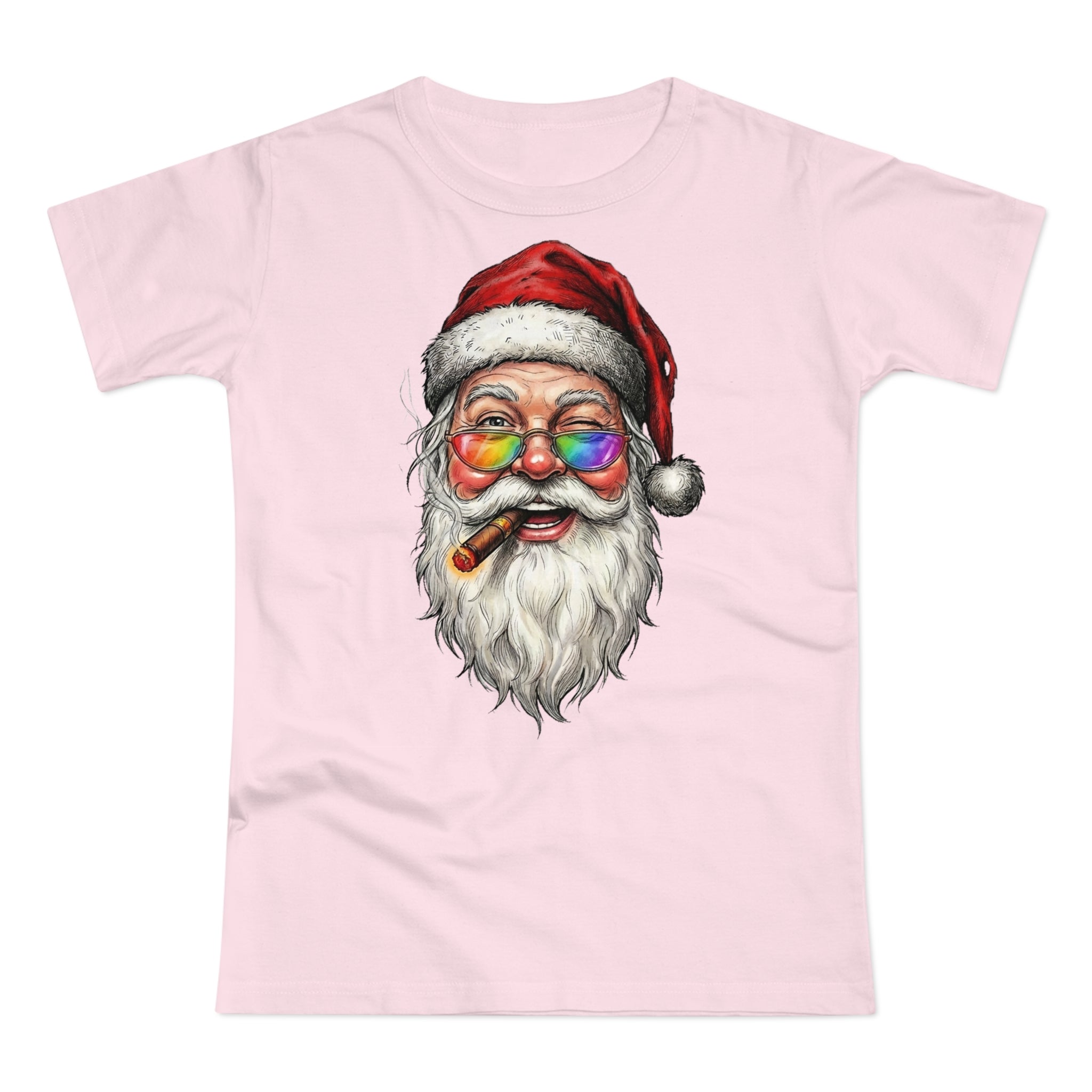 Friendly-Santa: Frontprint, Womens' T-Shirt, Colorful Glasses & Cigar Christmas Tee