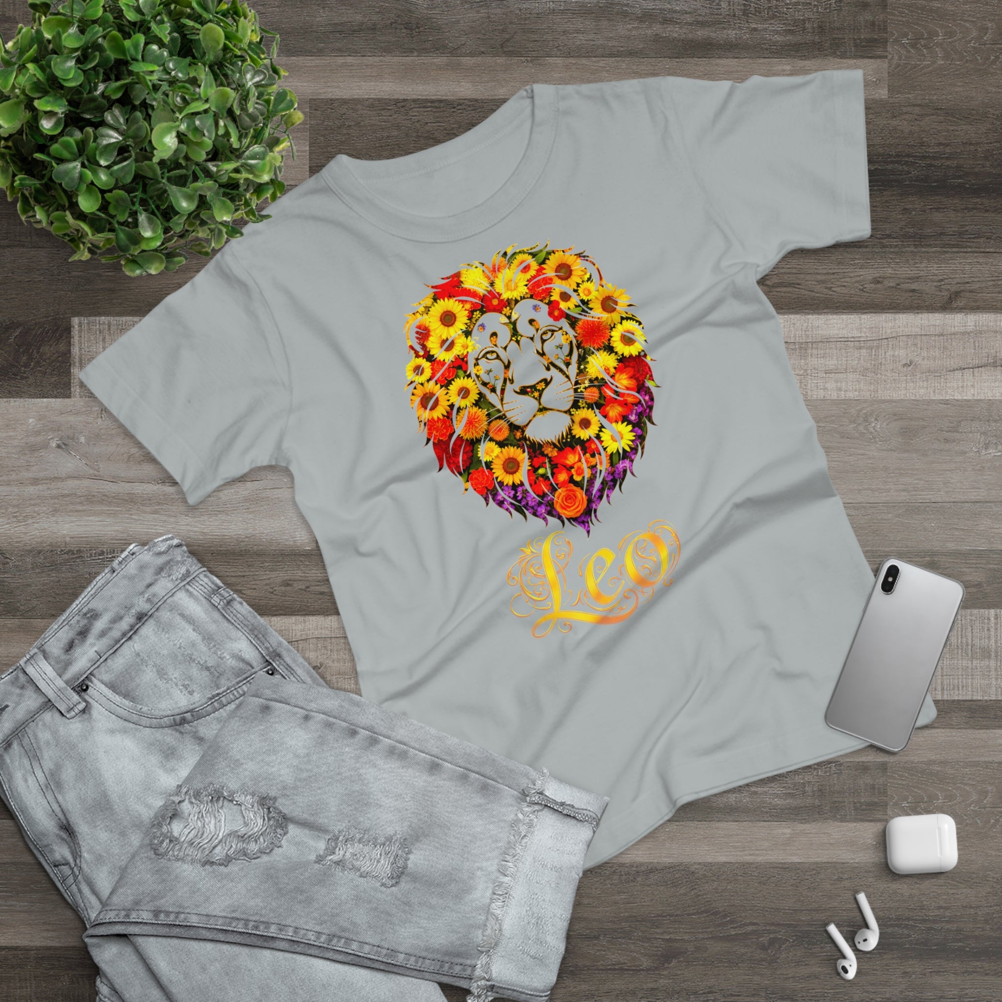Löwe: Frontprint, Womens' T-Shirt, florales Sternzeichen, Zodiac Astrologie (Leo)