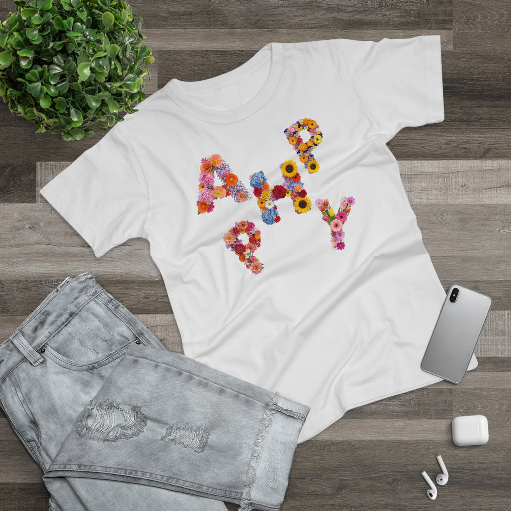HAPPY, Frontprint, Womens' T-Shirt,  Floral Colorful Flower Lettering Tee